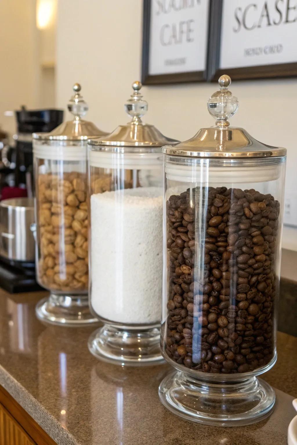 Sophisticated storage with glass containers for a neat aesthetic.