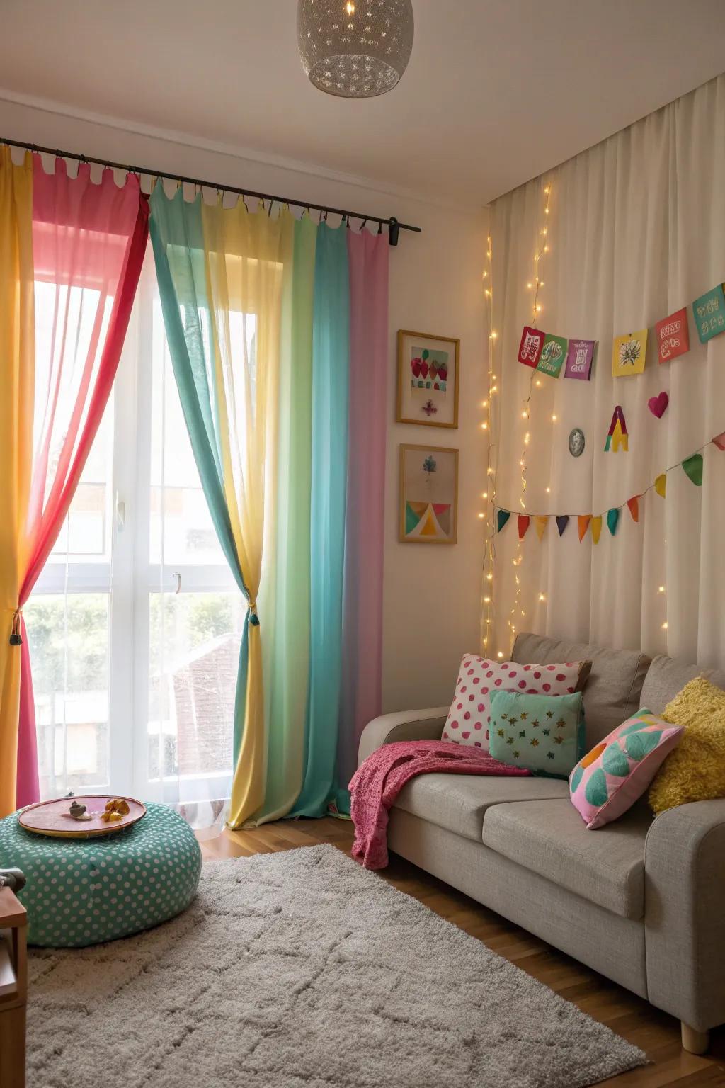 Colorful window dressings soften the lighting and include a whimsical element to the lounge area.