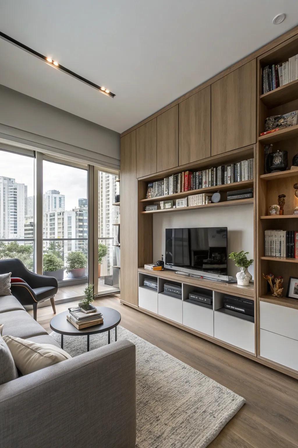 A multifunctional condo living space with clever integrated storage.