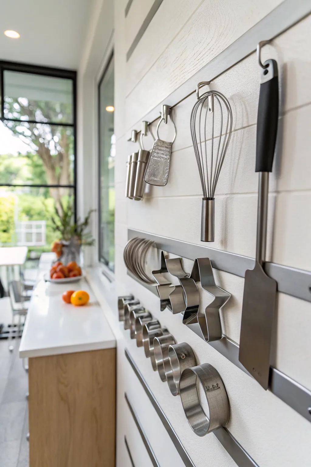 Magnetic strips on a kitchen wall holding metal cookie cutters.