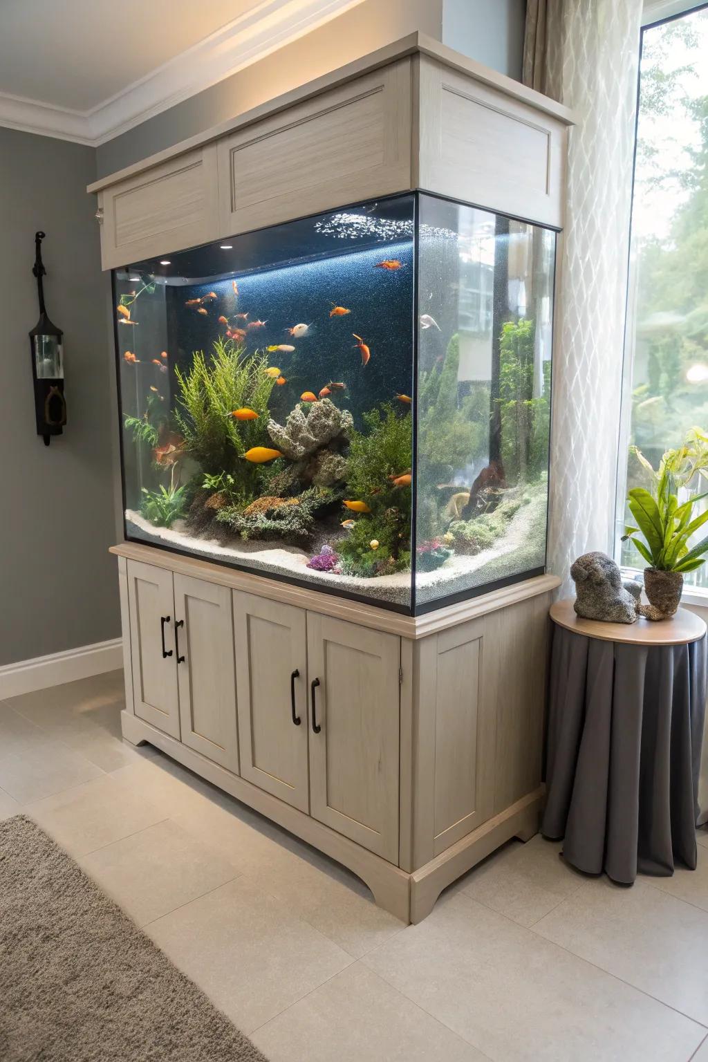 Bespoke furniture integration using a corner fish tank delivers practical storage solutions.