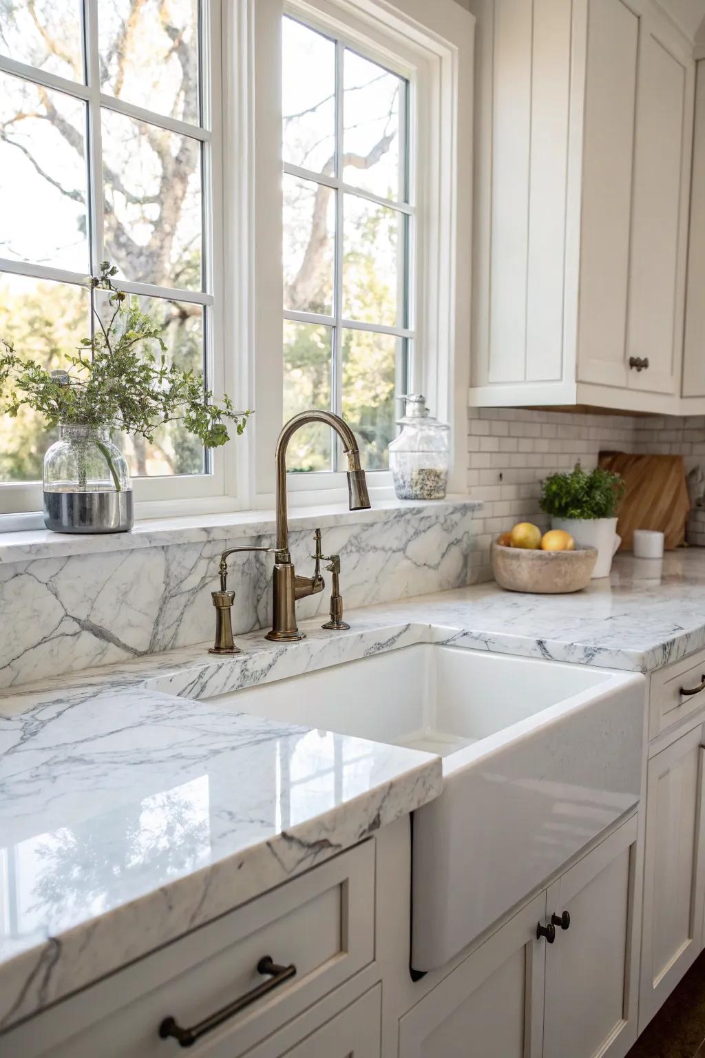 Seamless integration of marble countertops with a corner kitchen sink.