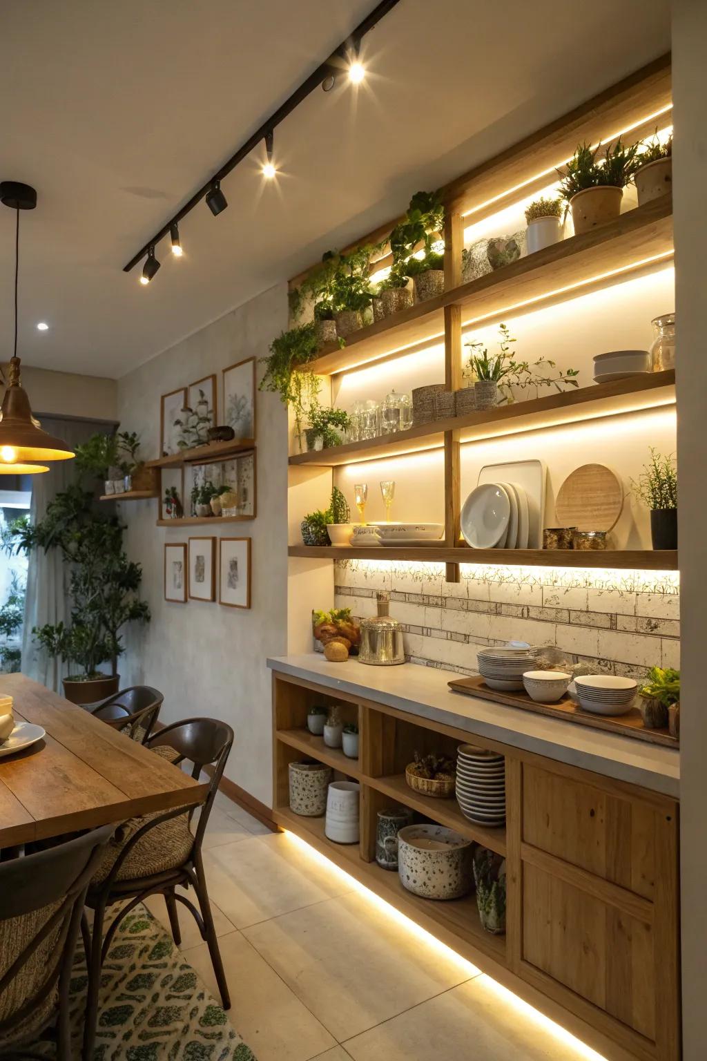 Lighting accents under shelves elevate kitchen ambiance.