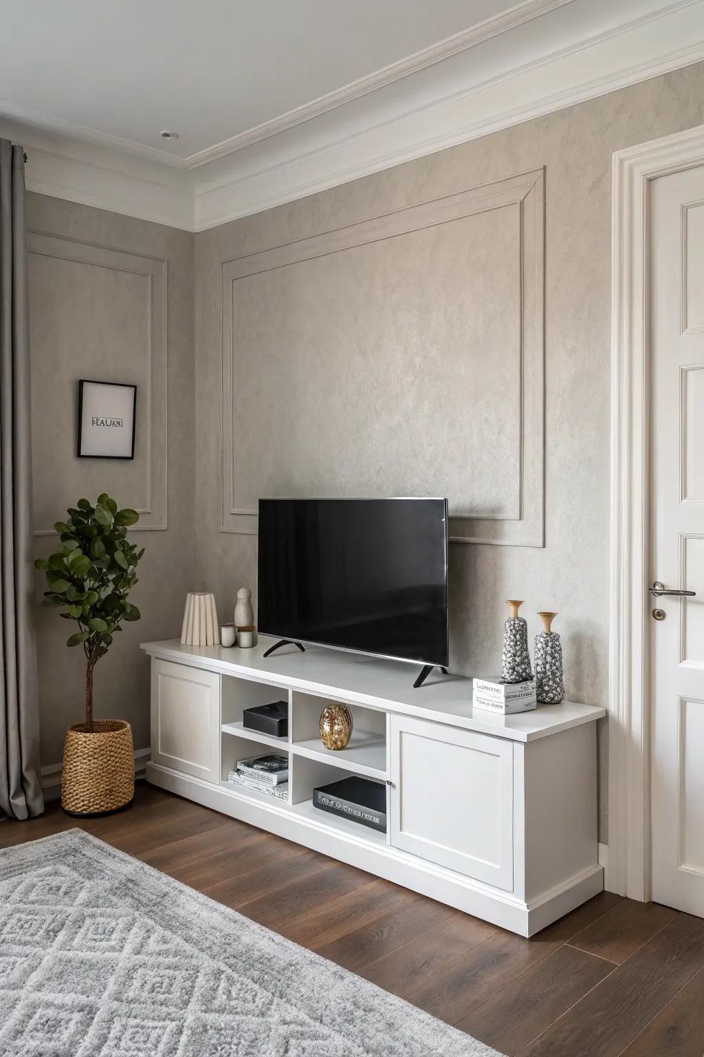 A minimalist approach fashions a serene and uncluttered corner TV space.