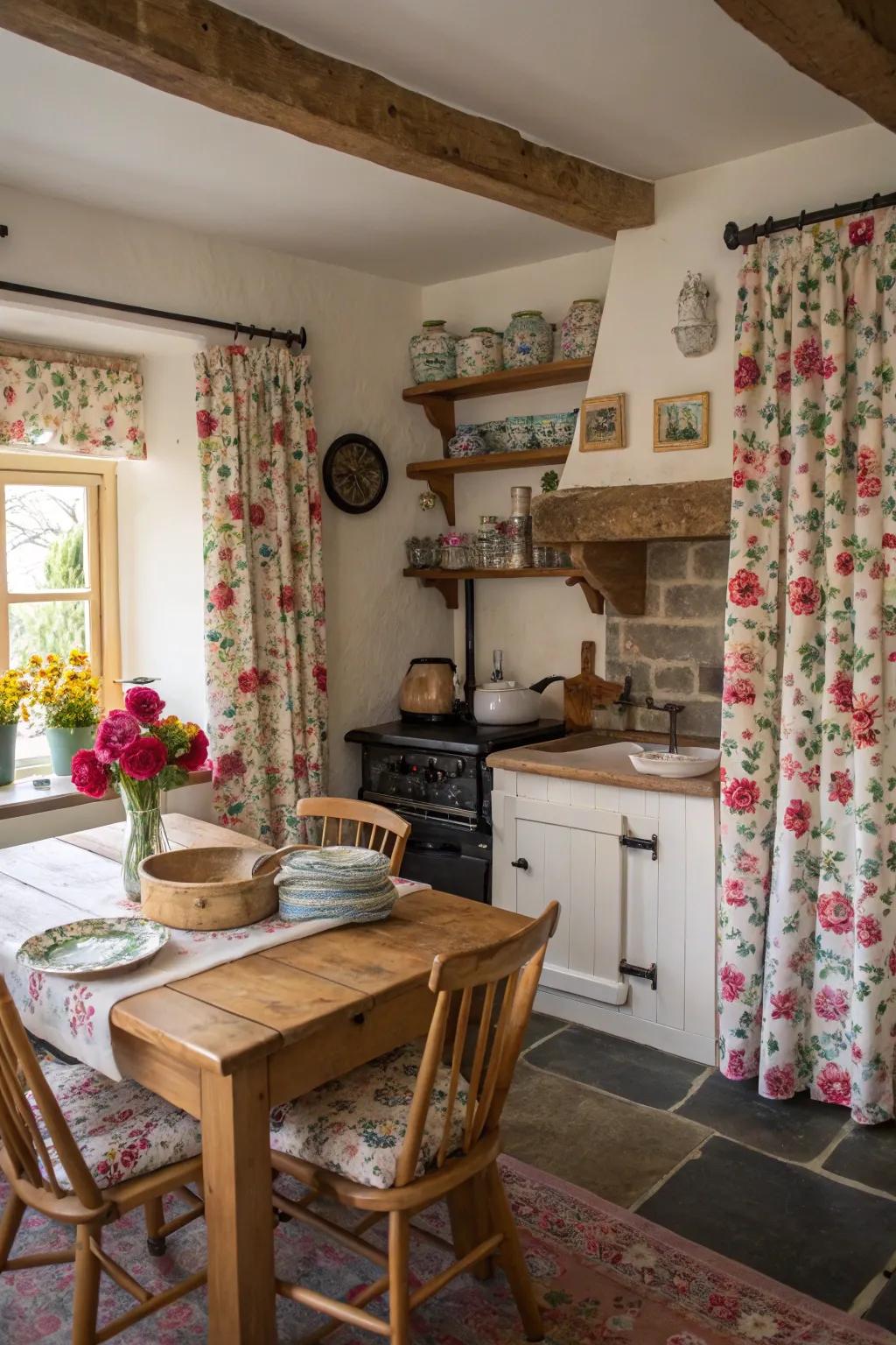 Fabrics with floral patterns amplify the cozy sensation of this countryside cooking area.