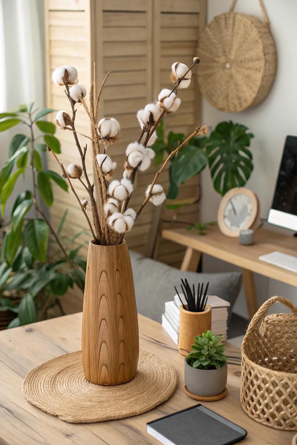 Natural simplicity with a wooden vase and cotton stems.