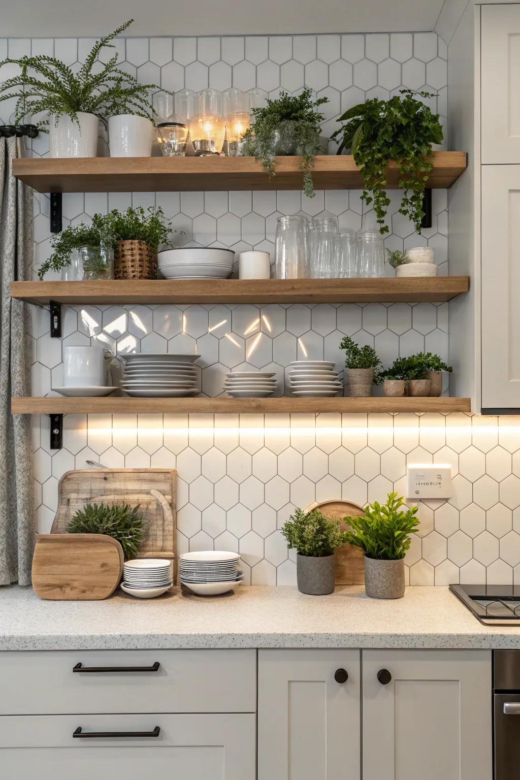 Built-in shelving brings together beauty with practicality in kitchen designs.