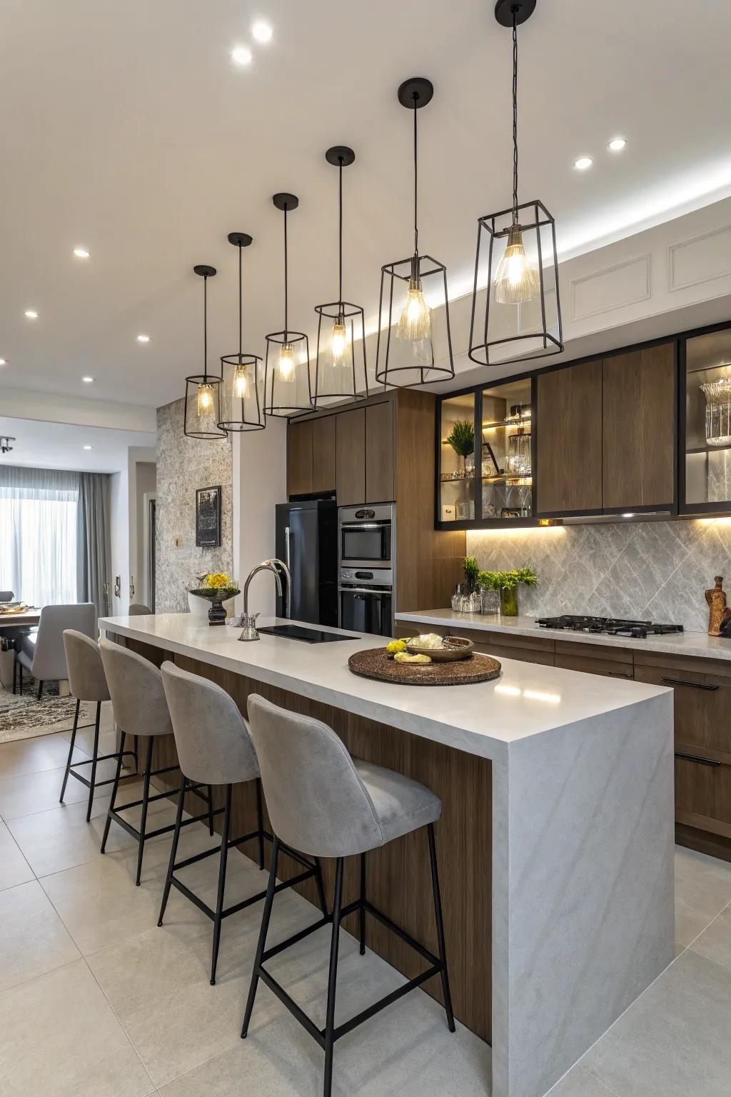 A kitchen with a countertop bar illuminated by pendant lights.