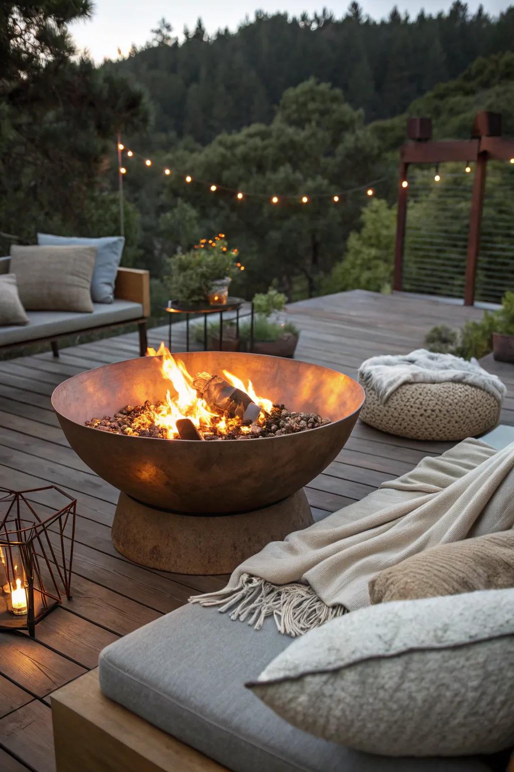 A copper basin hearth morphs into an enthralling point of focus in any backyard.