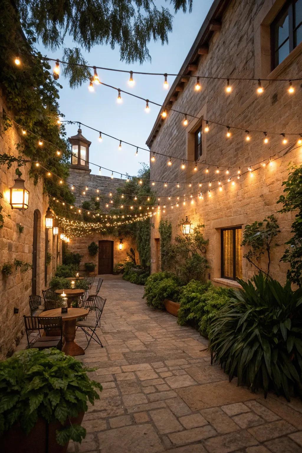 String lights create a magical atmosphere in your courtyard.