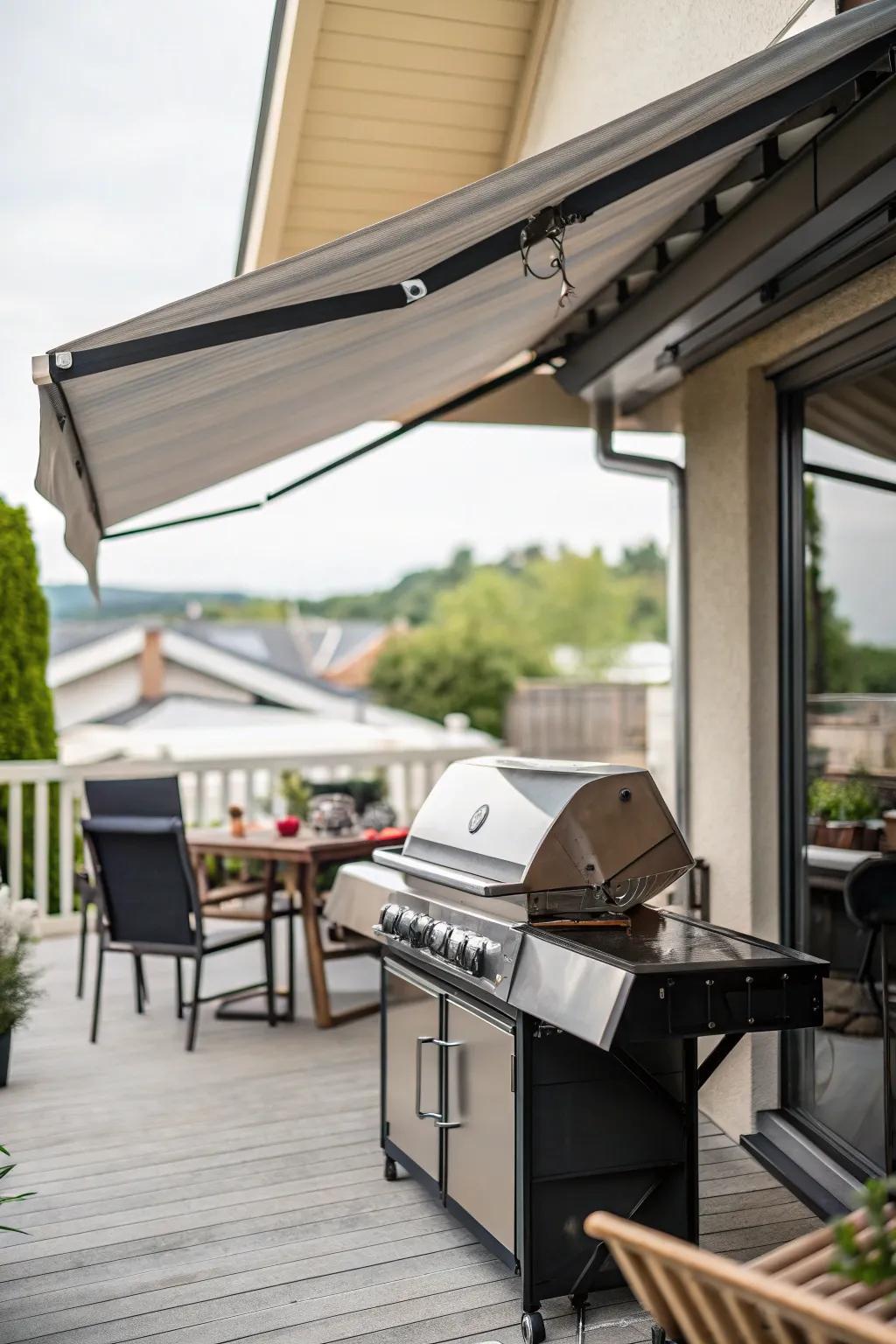 A versatile retractable awning providing shade for a grill area.