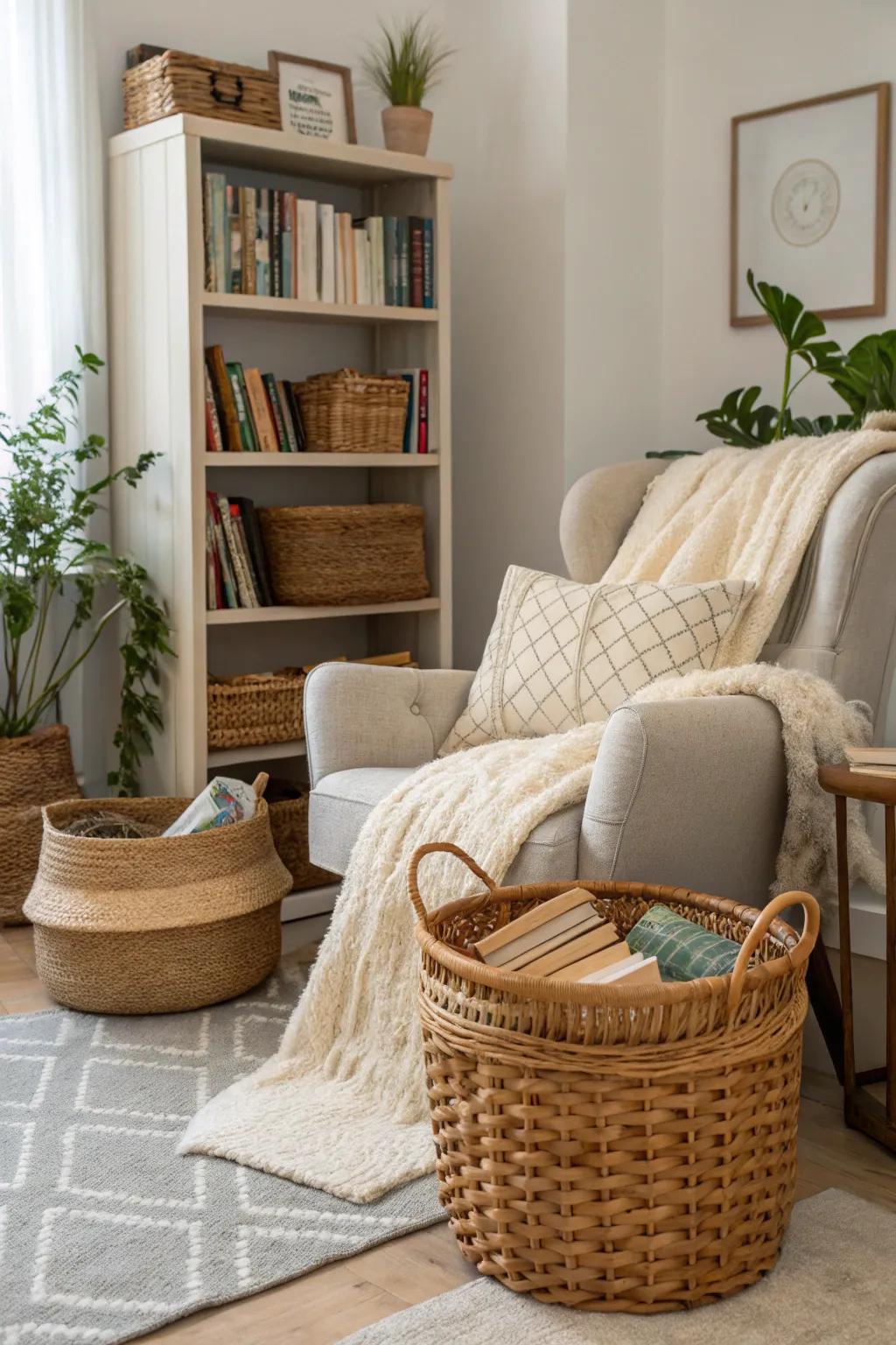 Layered textures enhance warmth and comfort in a well-designed reading space.