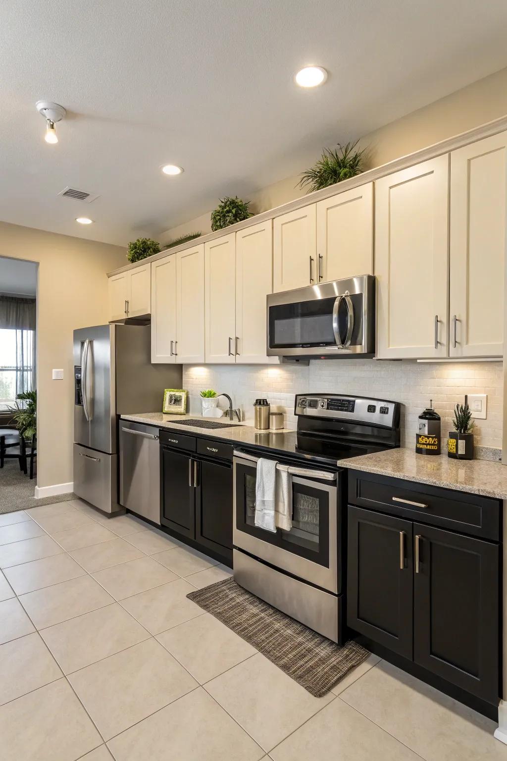 Stainless steel appliances complement the kitchen's sleek design.