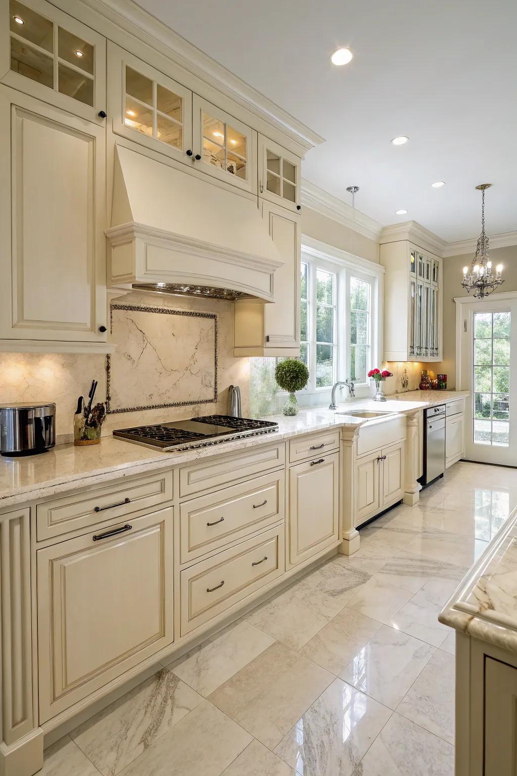 Marble countertops enhance the luxurious feel of cream cabinets.