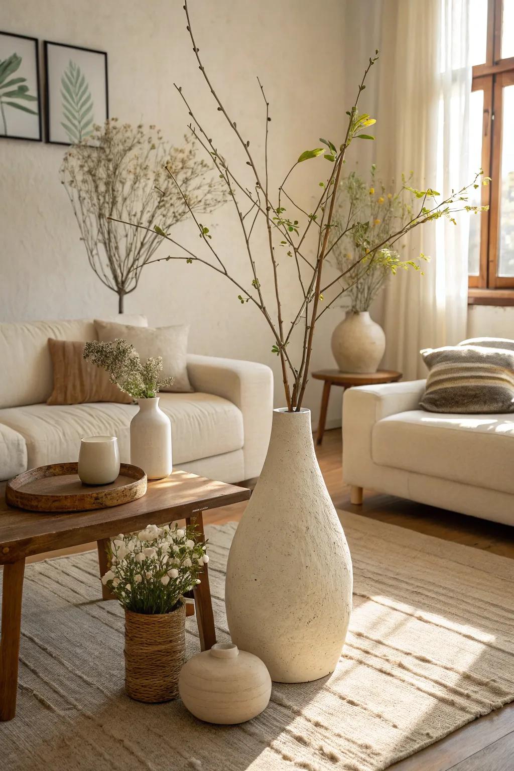 Minimalist decor complements the serene cream palette.