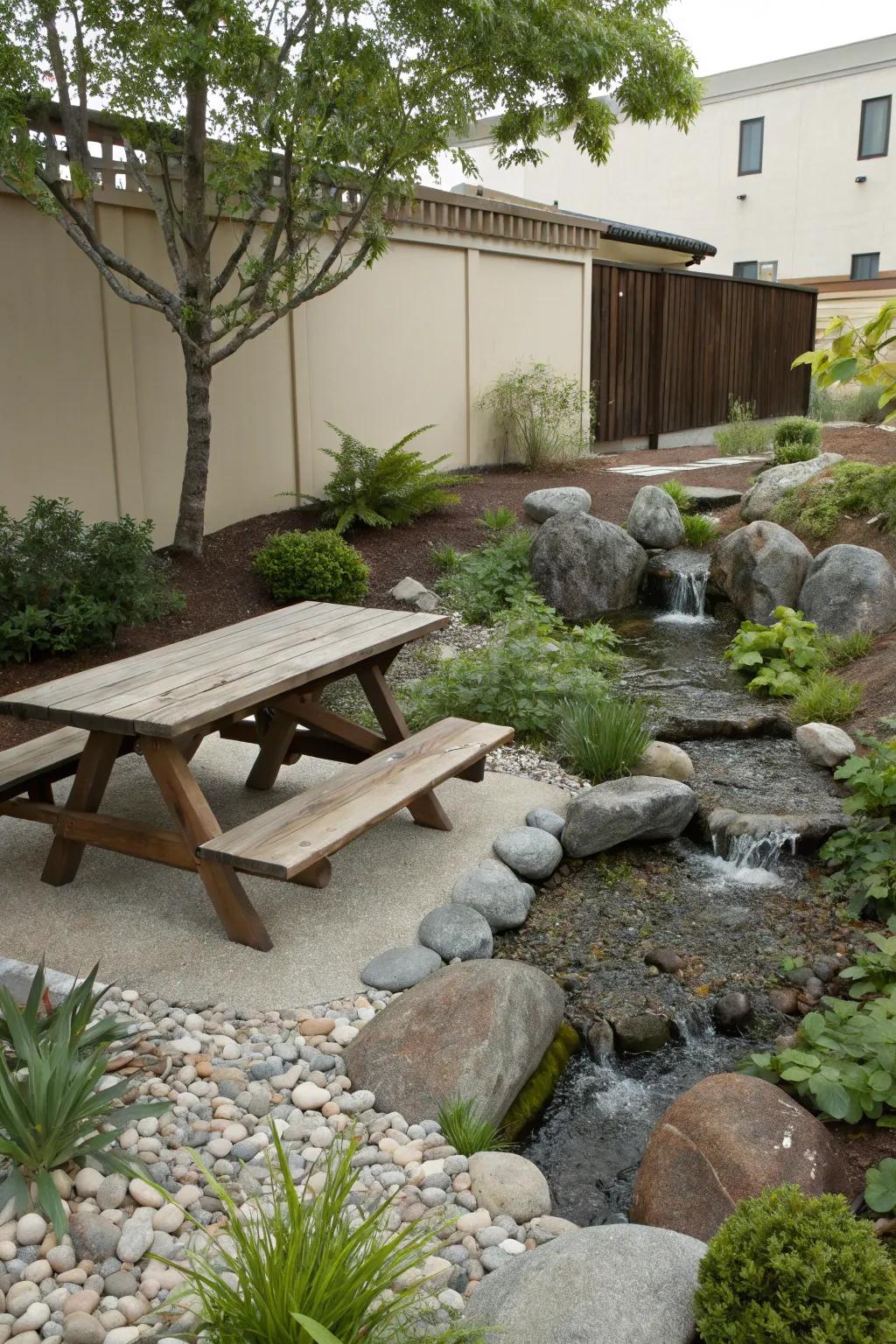 A Zen garden setting with a picnic table, perfect for relaxation.