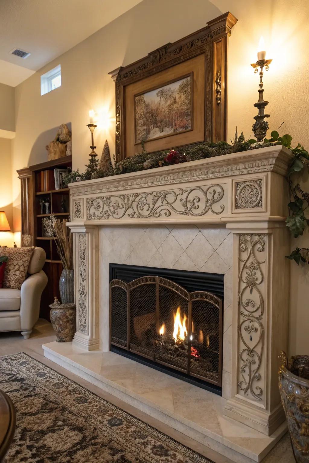 An artistic mantel that turns the hearth into a striking center of attention.