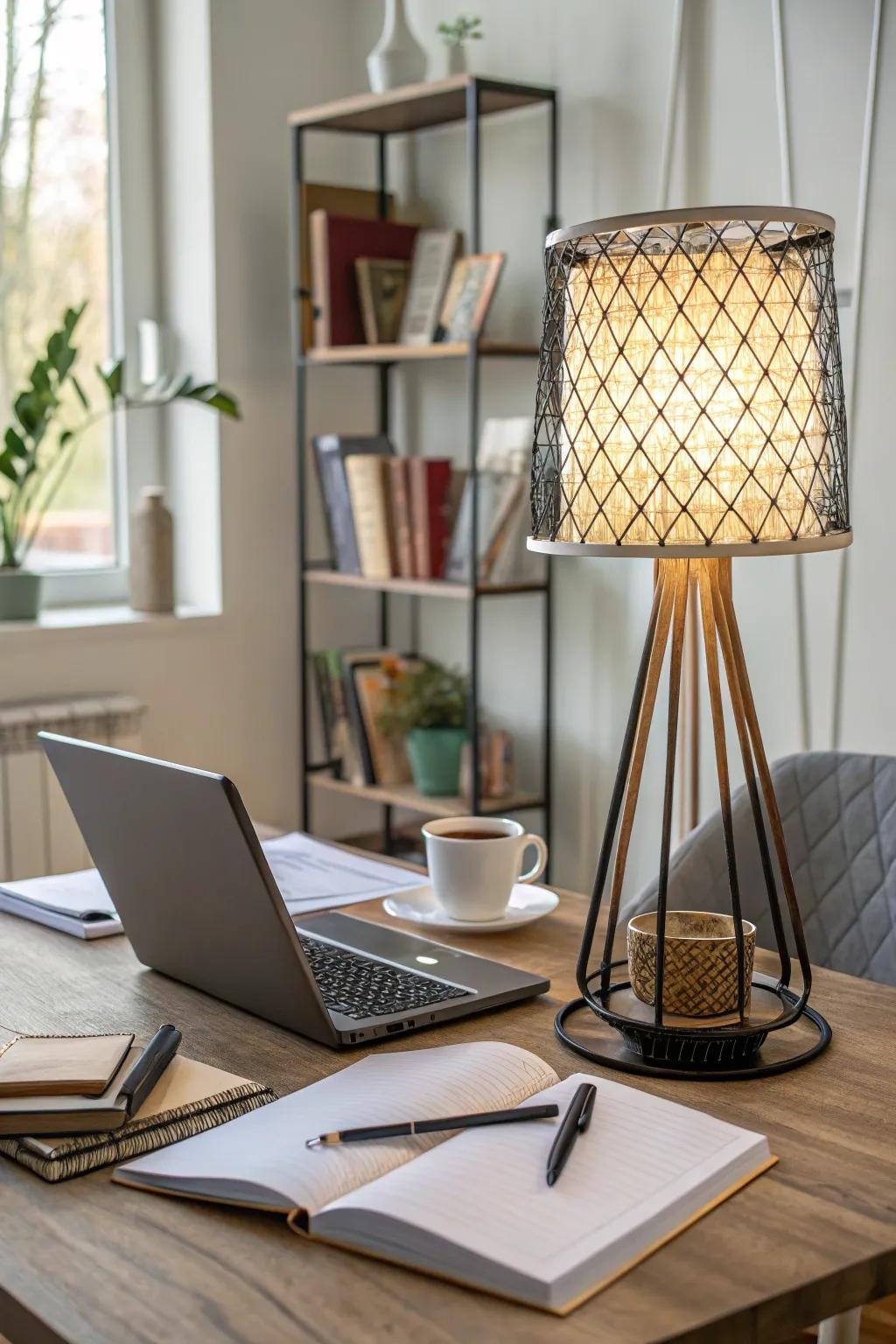 A desk with a unique statement lamp for stylish lighting.