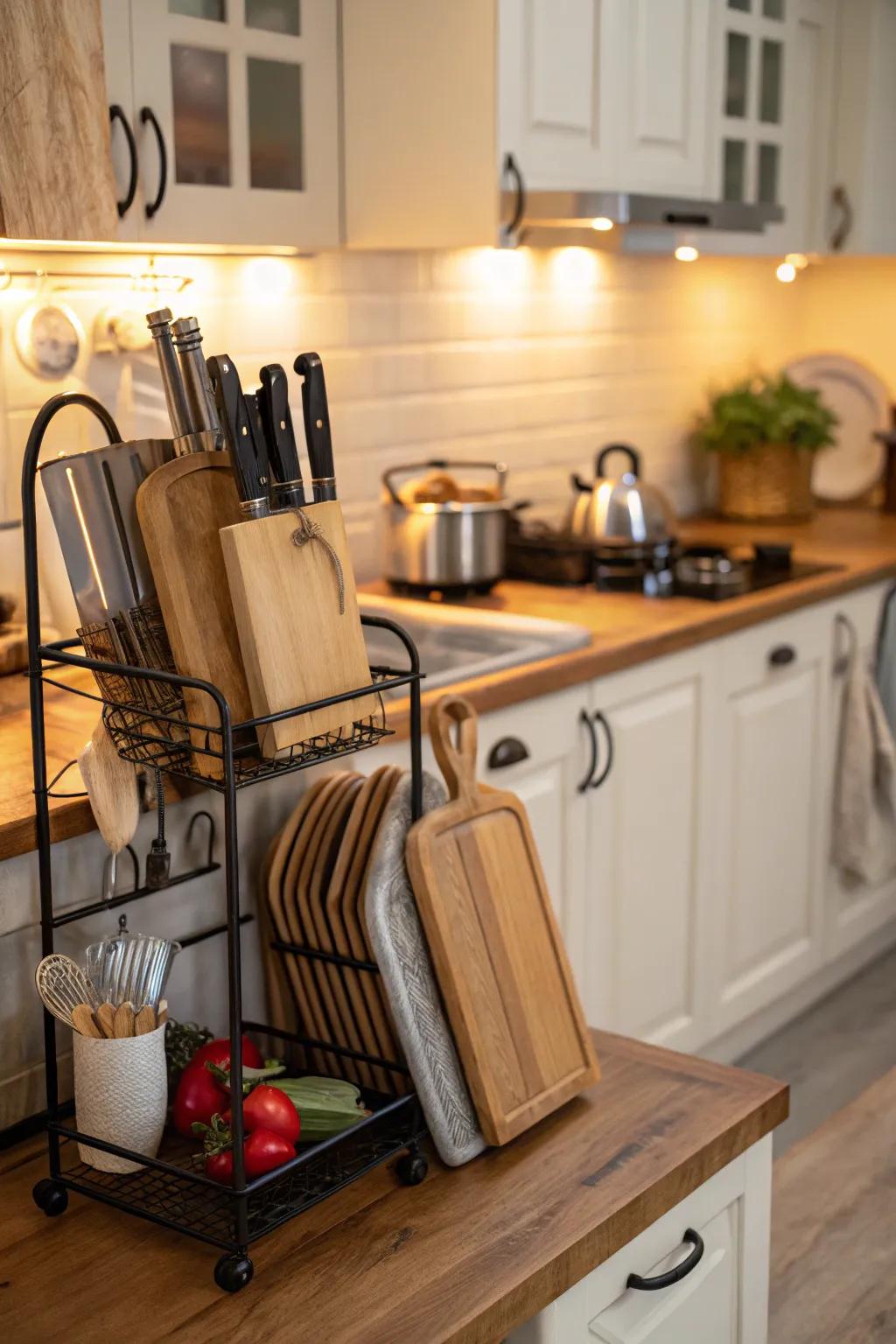 Multi-functional racks for storing cutting boards and more.