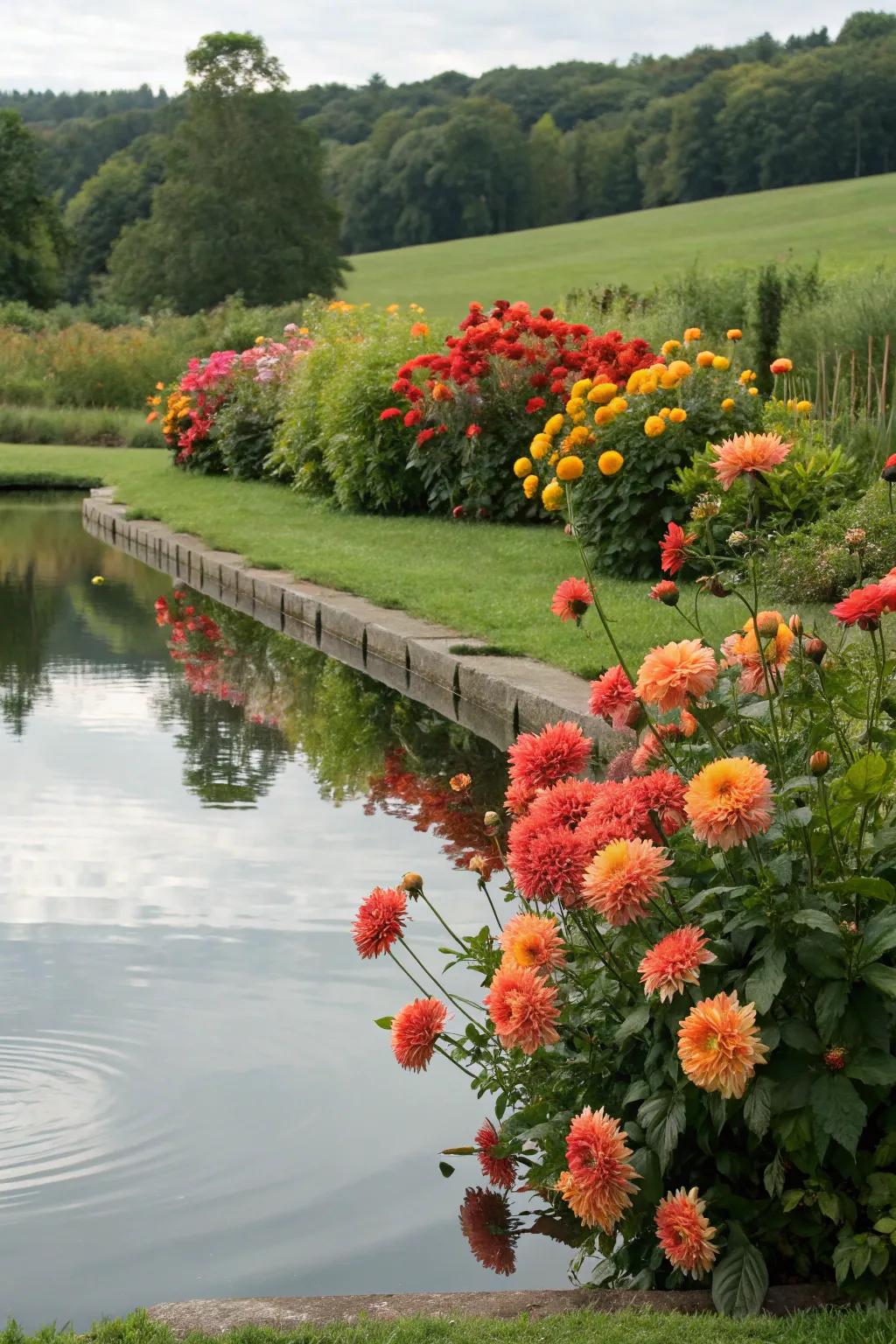 A tranquil water feature adorned with dahlias.