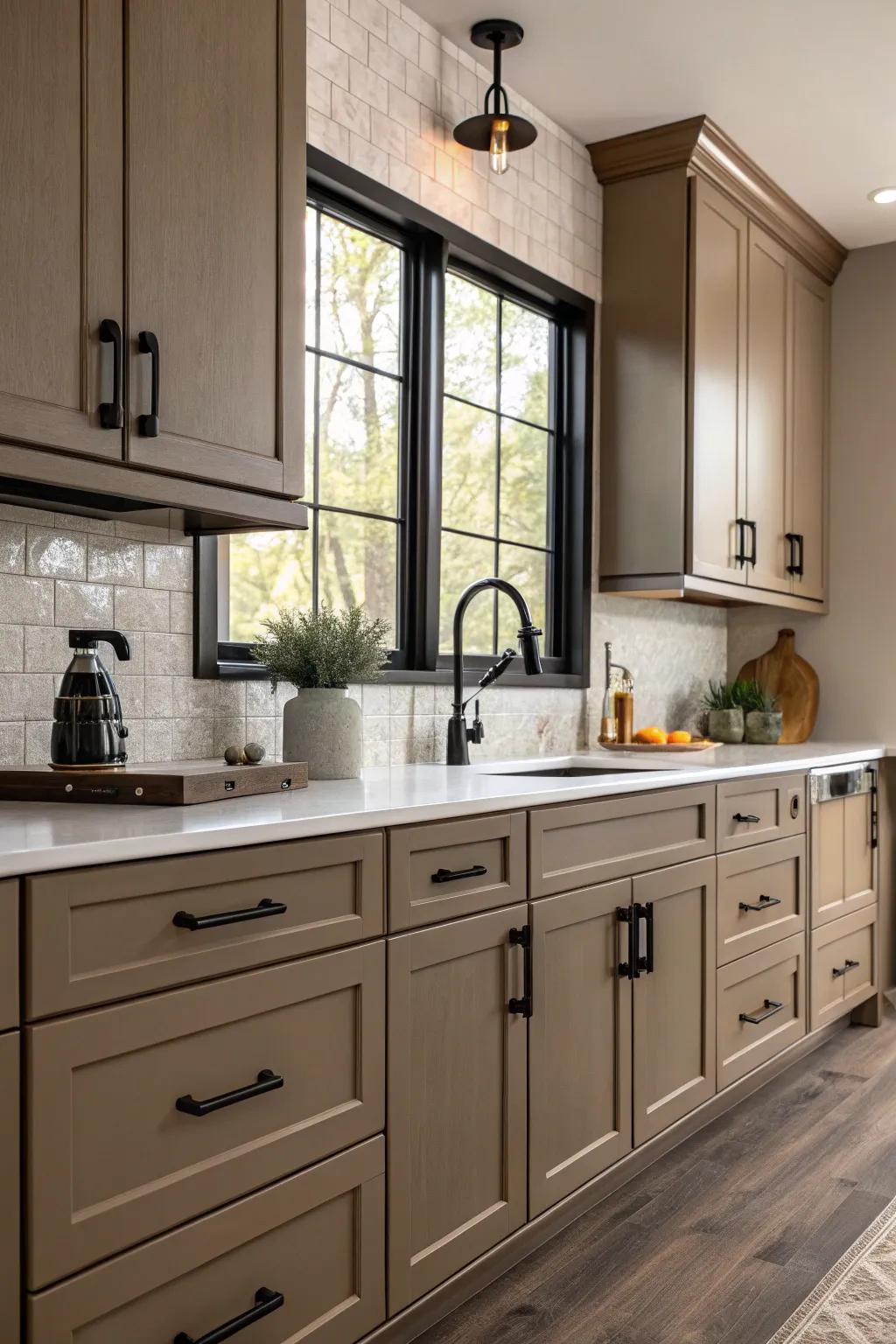 Black accents create a striking contrast in a beige kitchen.
