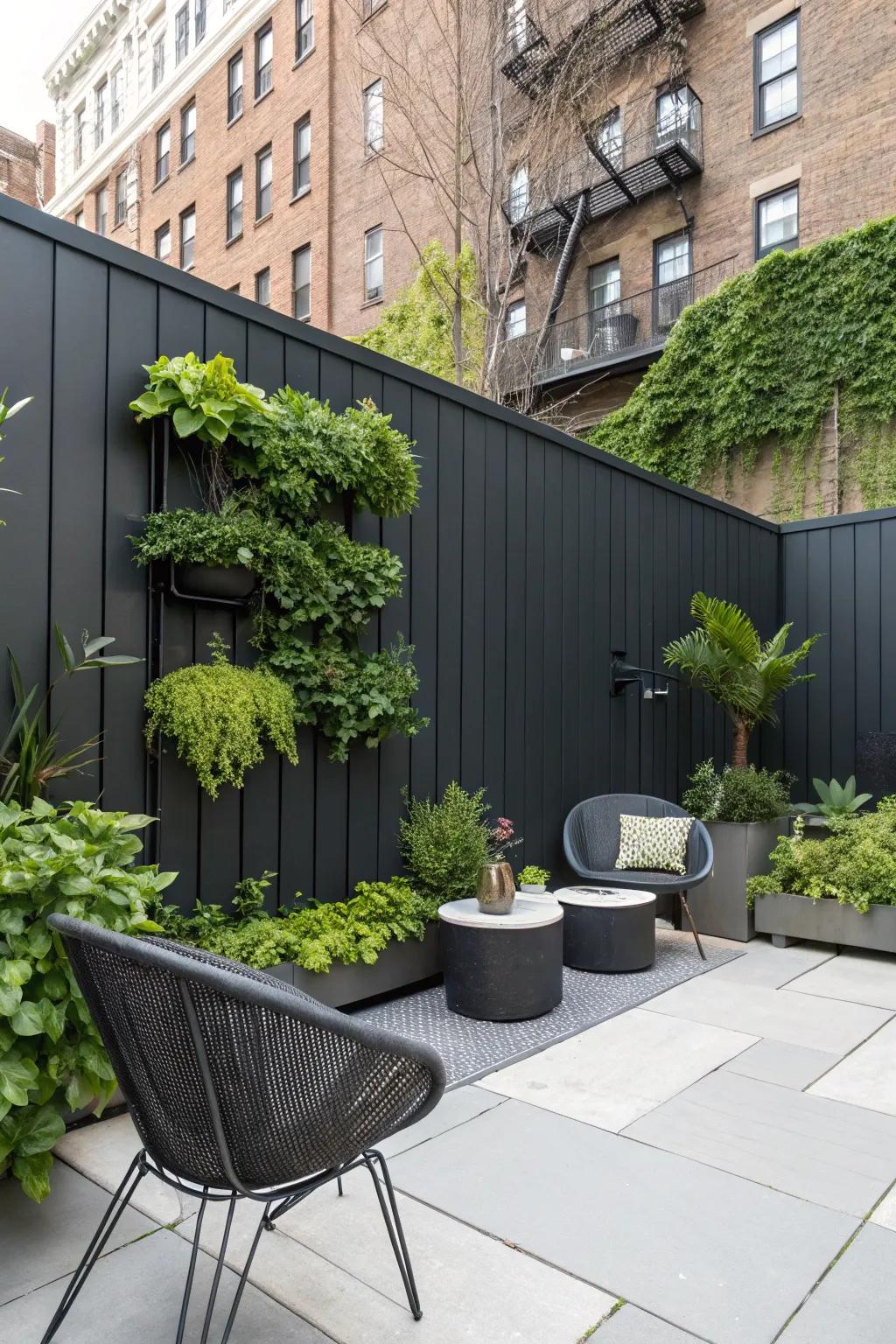 An urban haven showcasing a deep charcoal boundary and a lush vertical garden.