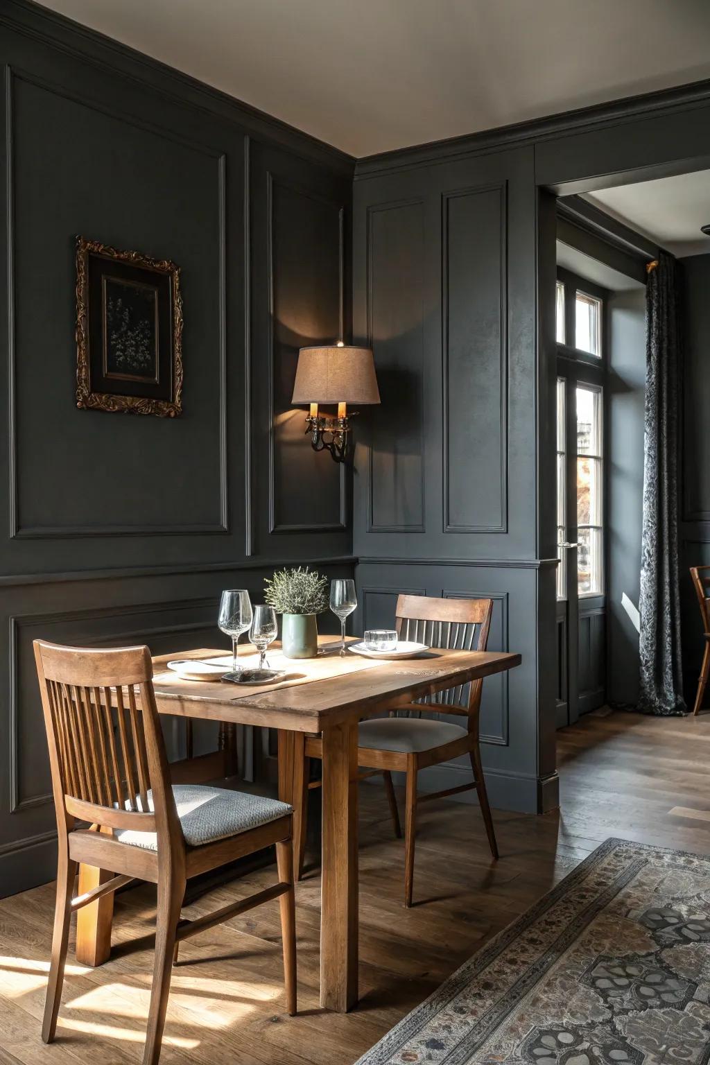 A sophisticated dining space with dark grey accents.