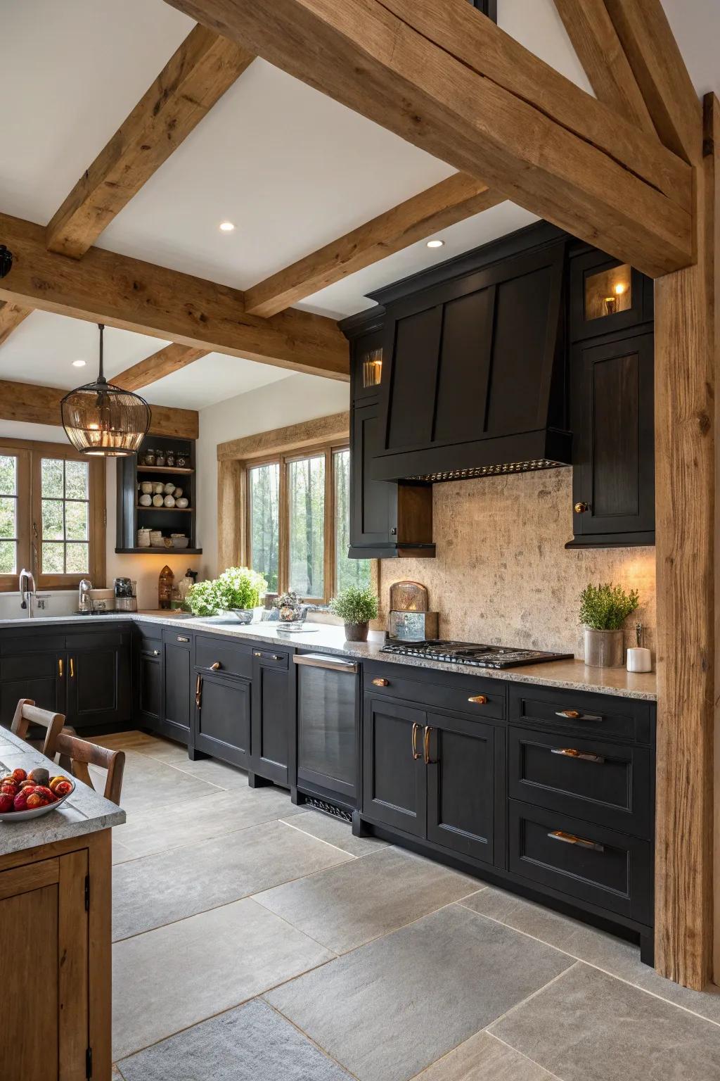 Natural wood accents deliver warmth and balance to a contemporary shadowy kitchen.