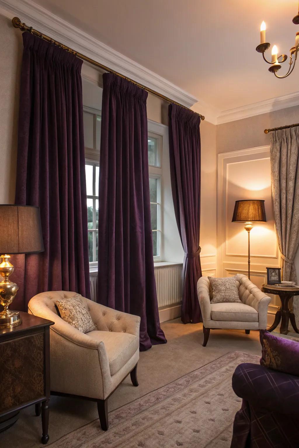 Dark purple curtains add elegance and privacy to this sophisticated living room.