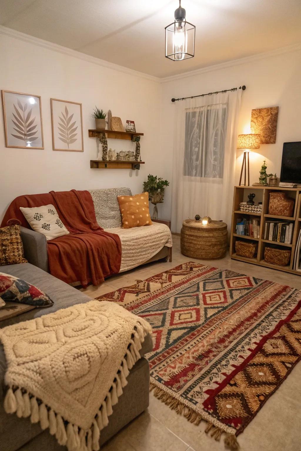 Layered textures contribute to a cozy and welcoming atmosphere.