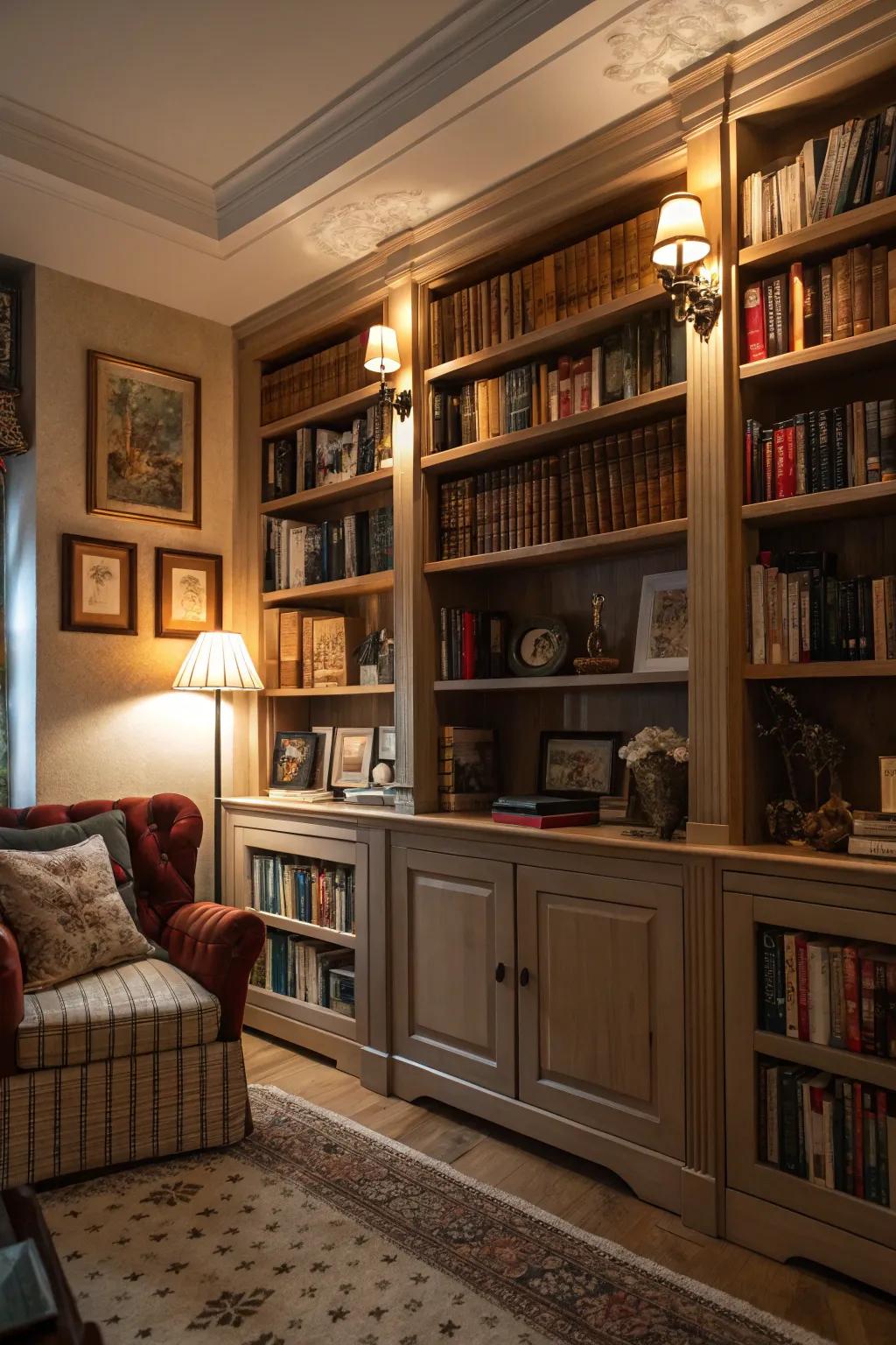 Book shelves add both design and function to the sanctuary.
