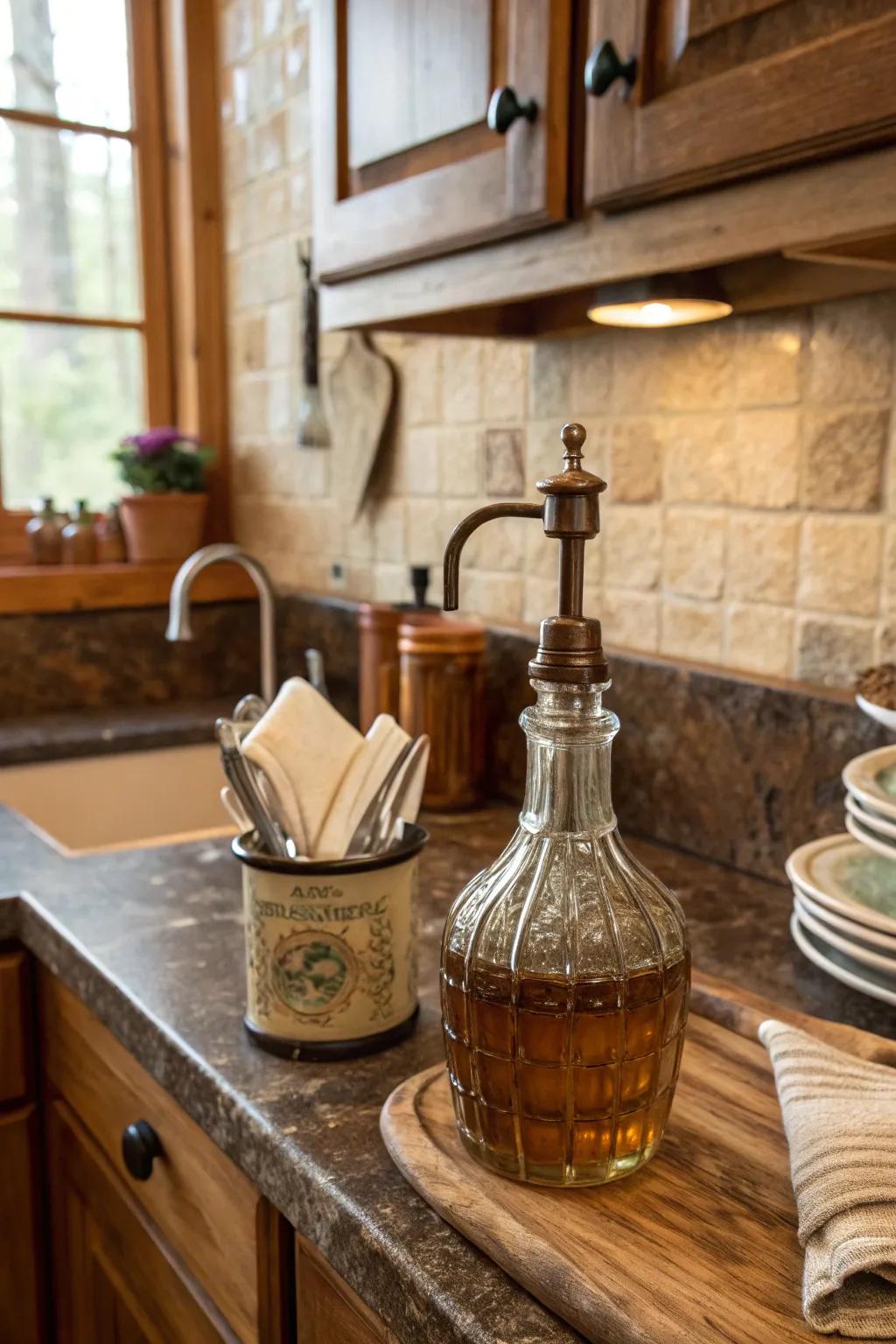 Vintage oil cruets bring nostalgia and style.