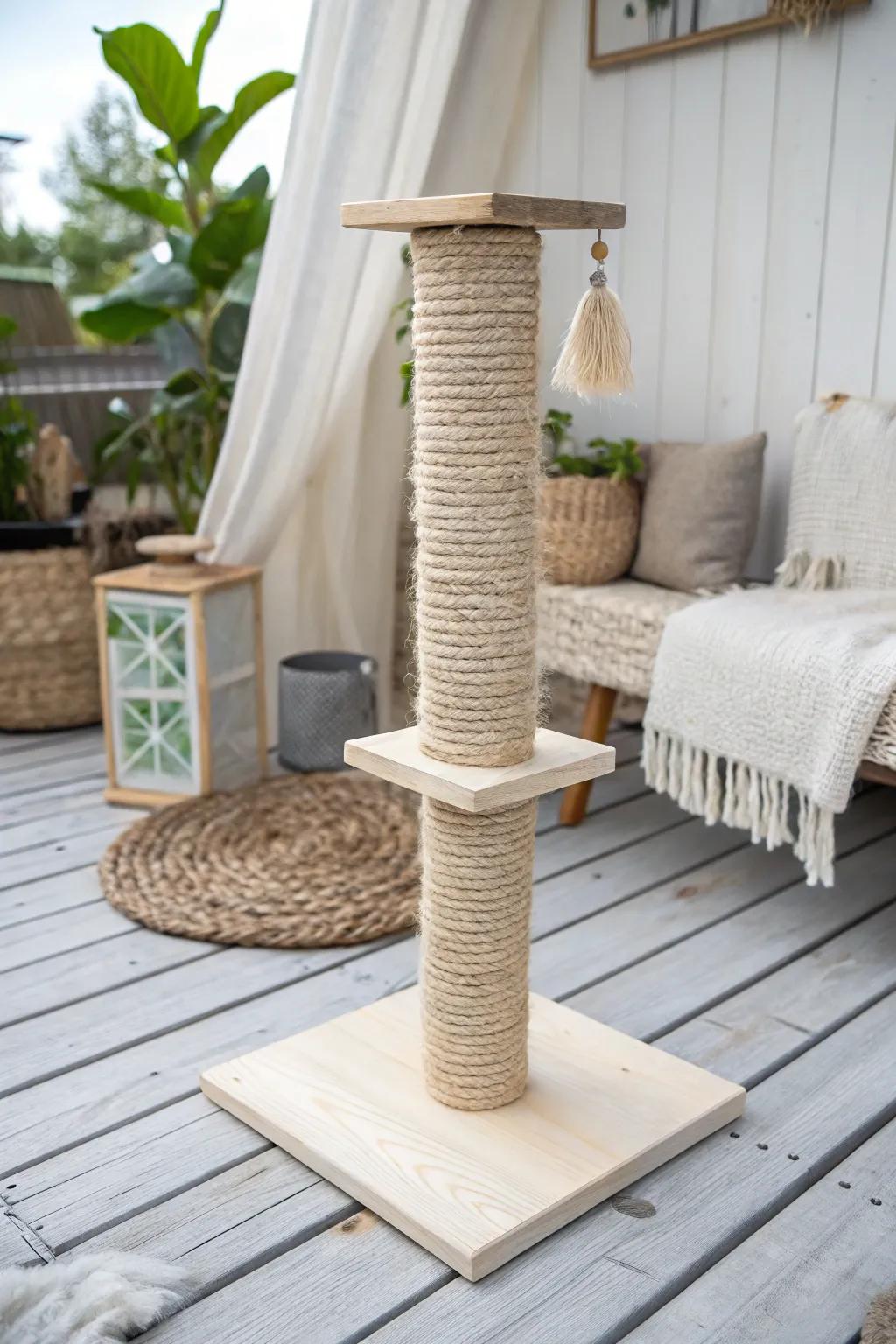 Elevate your catio with a chic scratching post that combines style and function, perfect for your feline's play and relaxation.
