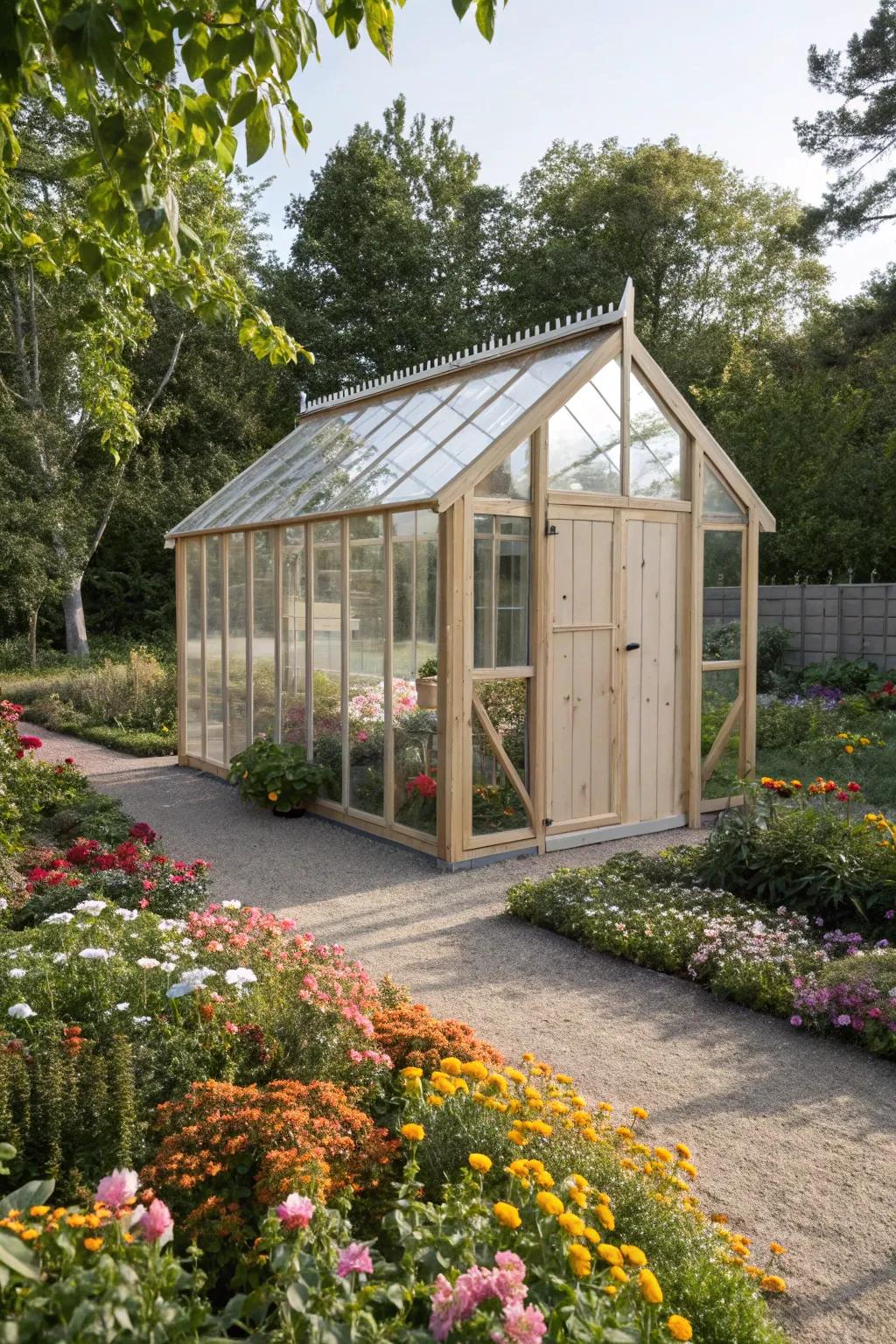Embrace the harmony of nature and design with this beautifully integrated garden greenhouse.