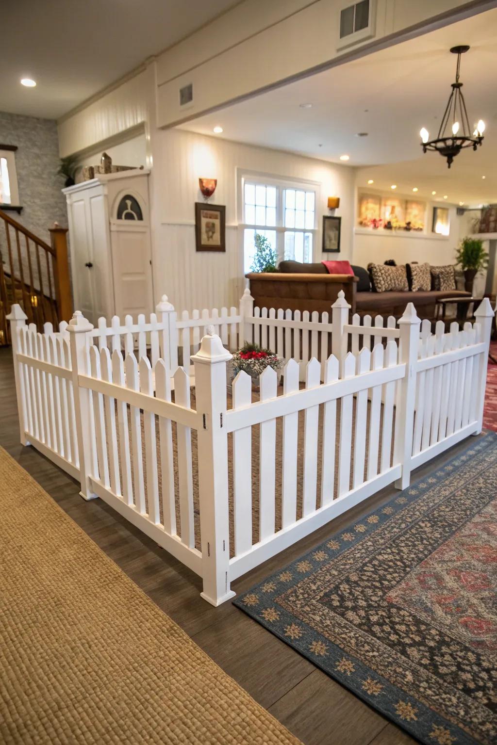 A whimsical white picket-style dog fence adding charm indoors.