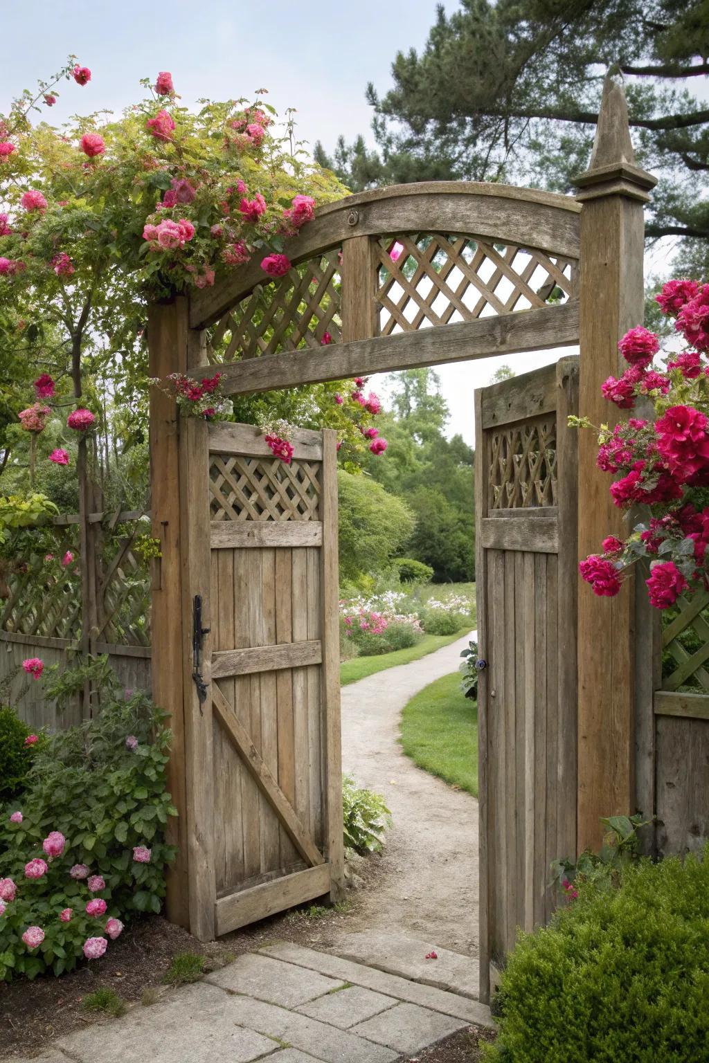 A lattice-topped double gate adding a whimsical charm.