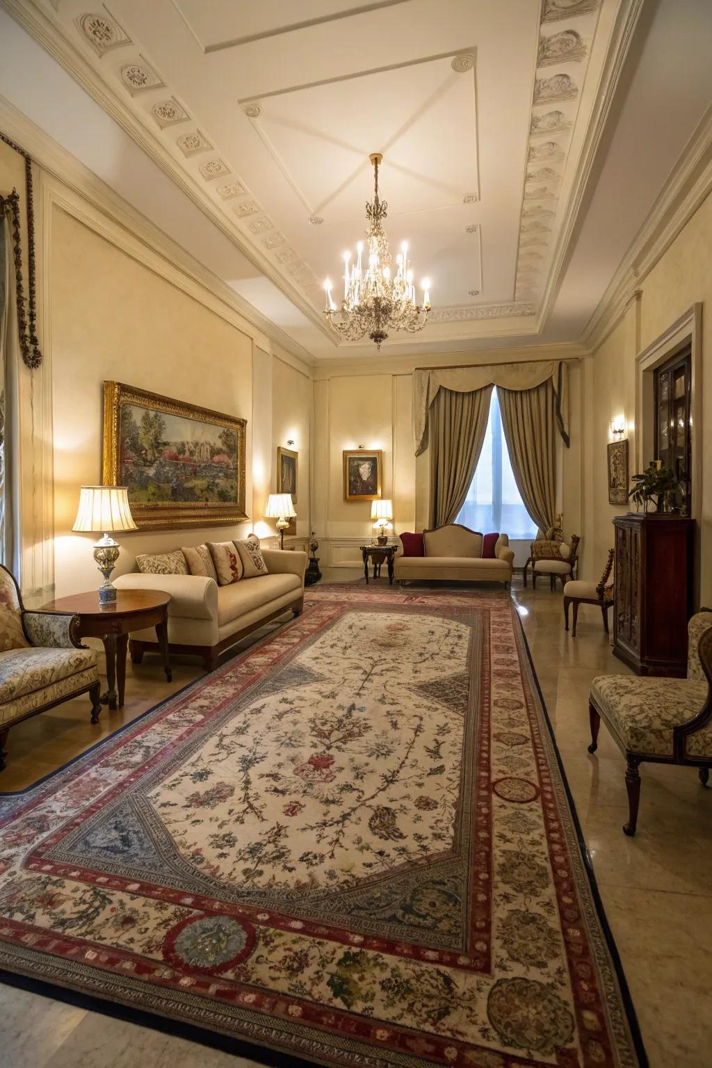 Floor coverings define spaces and introduce texture to the double parlor.