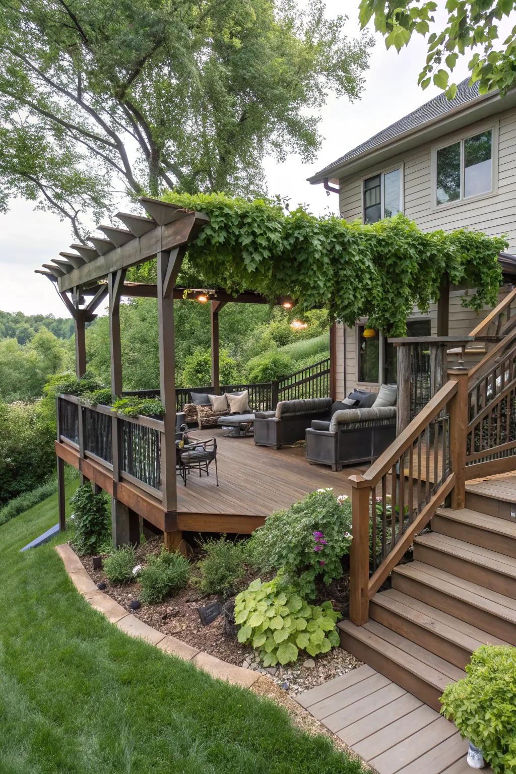 Outdoor platforms enhance views and offer comfortable outdoor living spaces.
