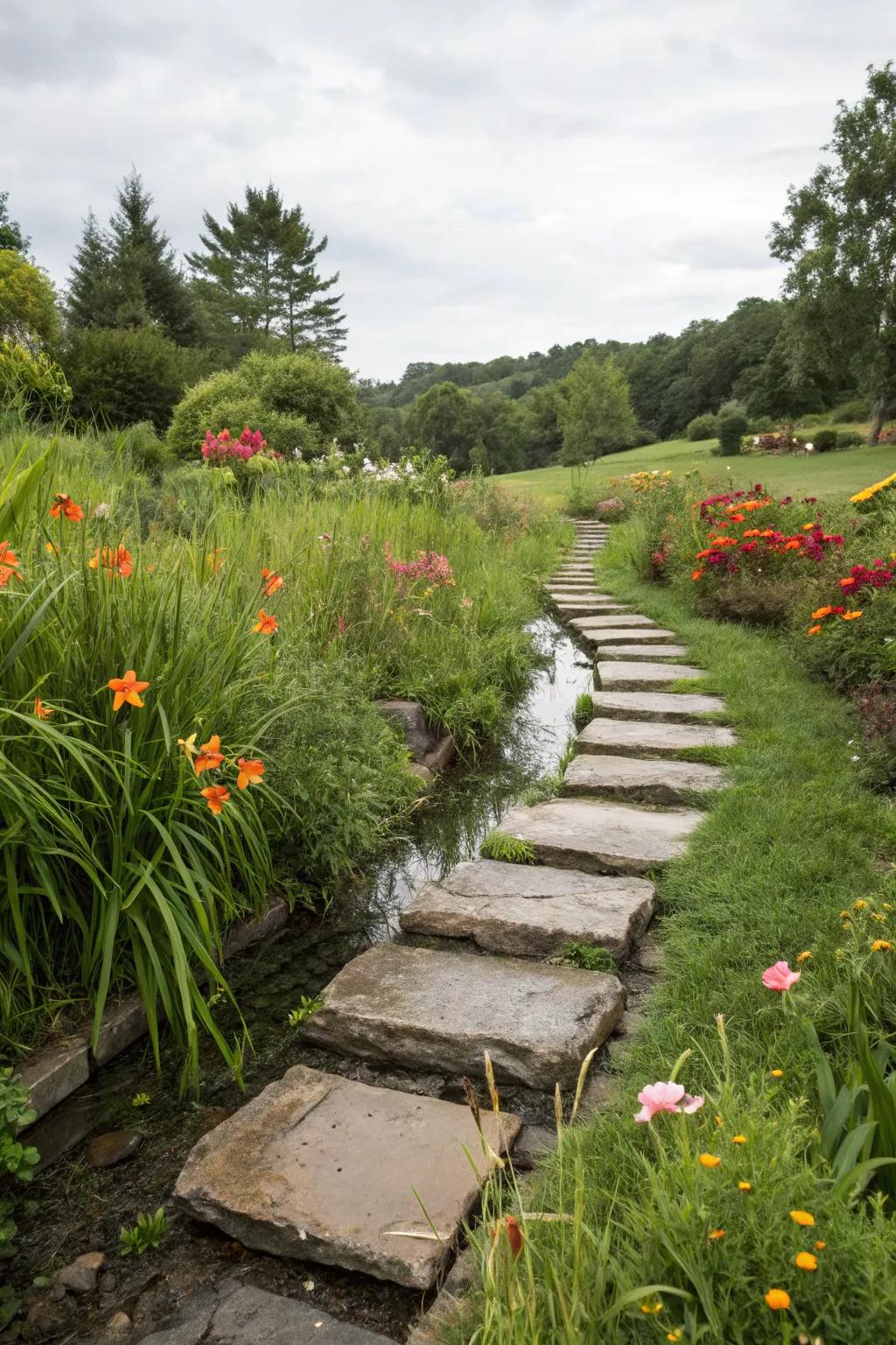 Stepping stones turn a drainage swale into a magical garden path.