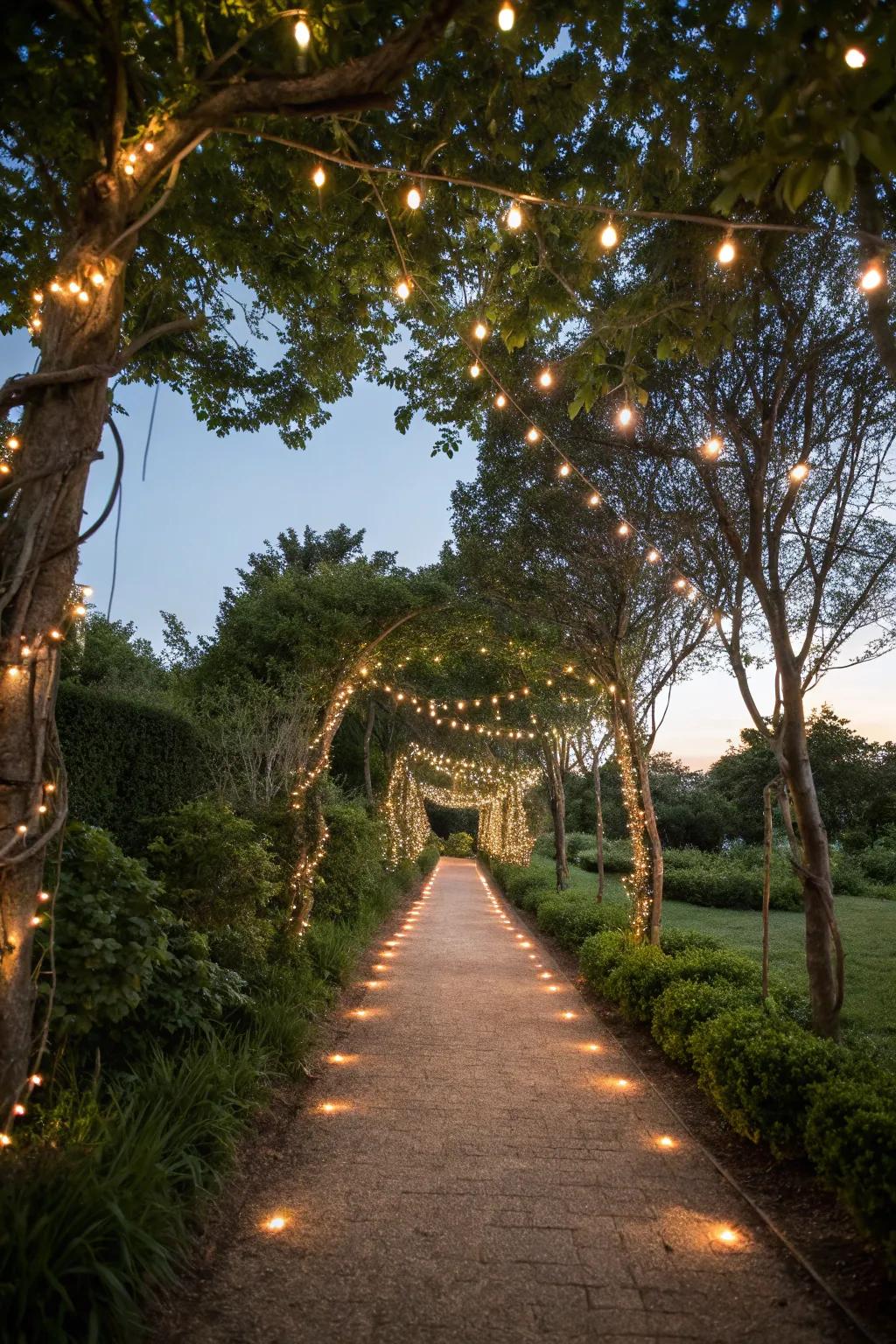 Twinkling lights cast a magical glow in the garden.