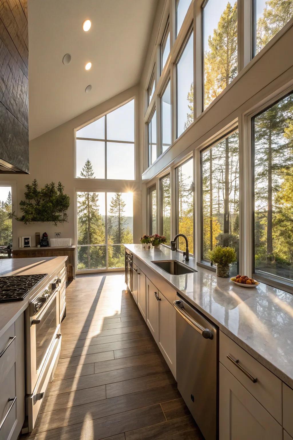 A kitchen filled with natural light from expansive windows.