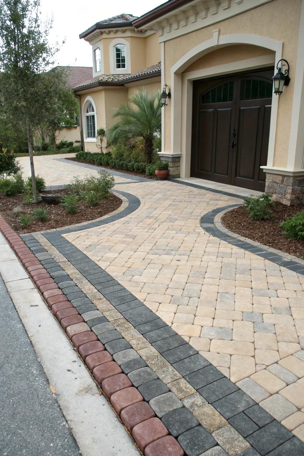 Bold border accents define the driveway apron with style.