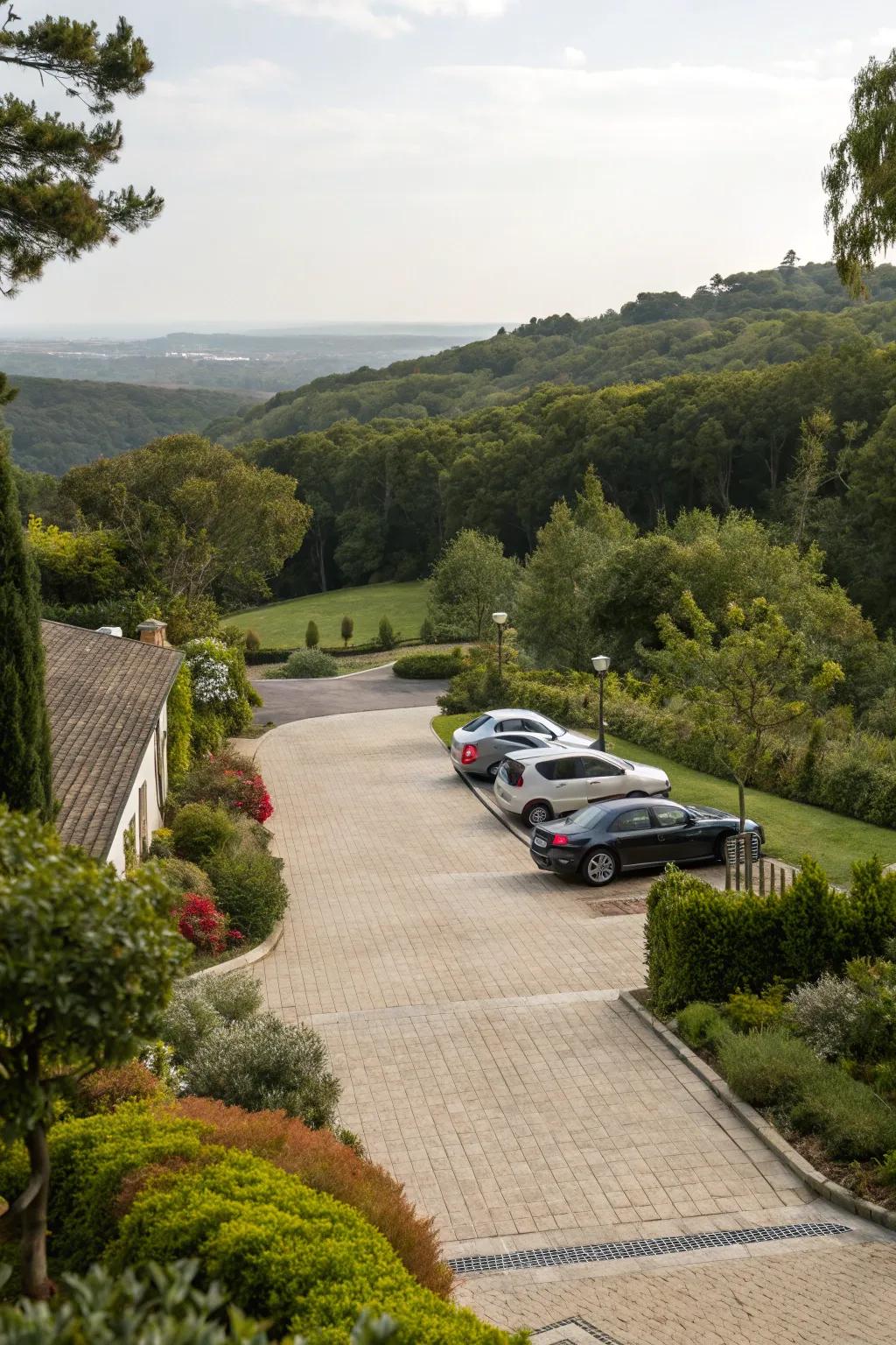 A seamless multi-car parking area improves driveway functionality.
