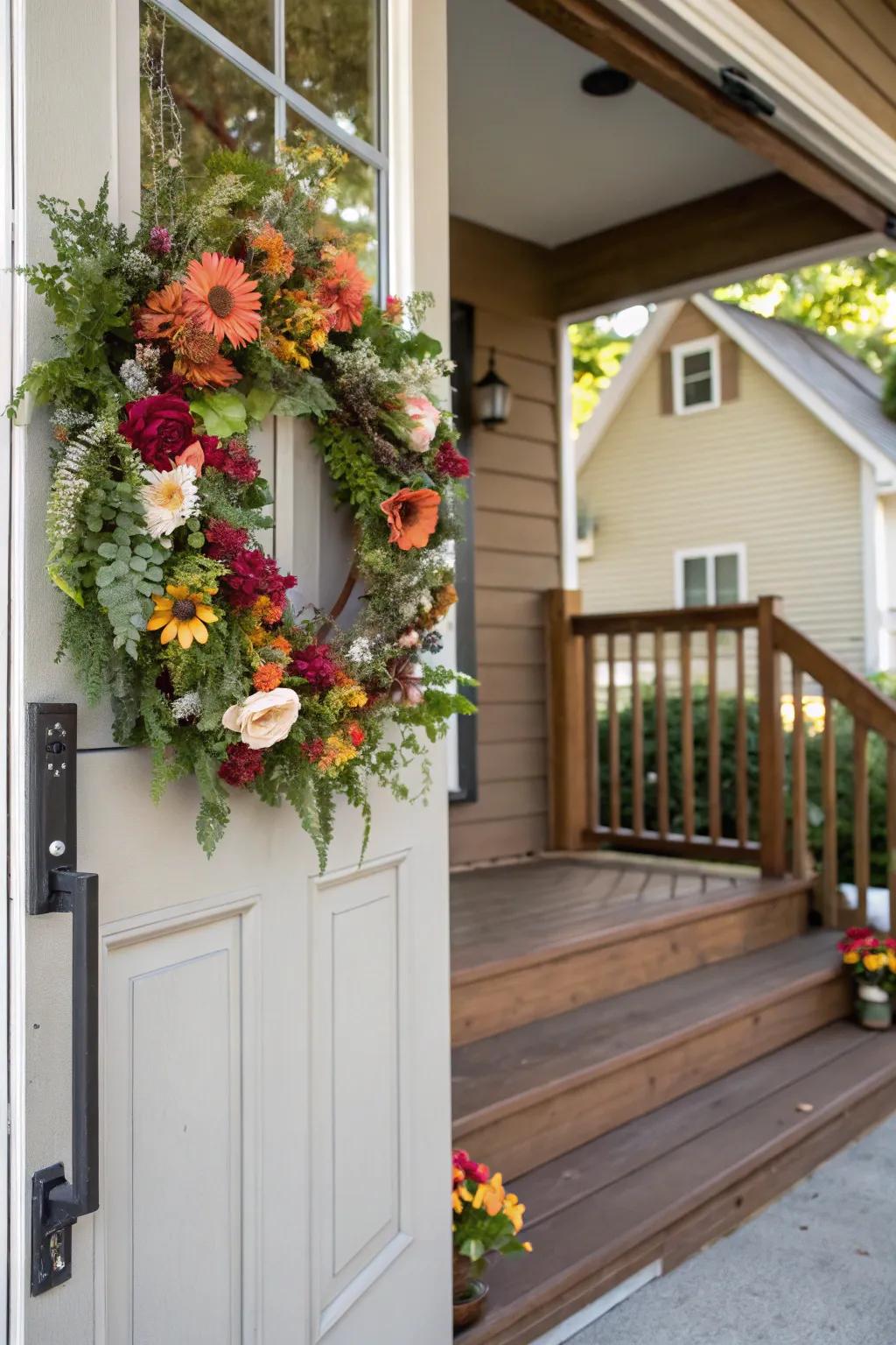 Floral wreaths create a welcoming entrance.