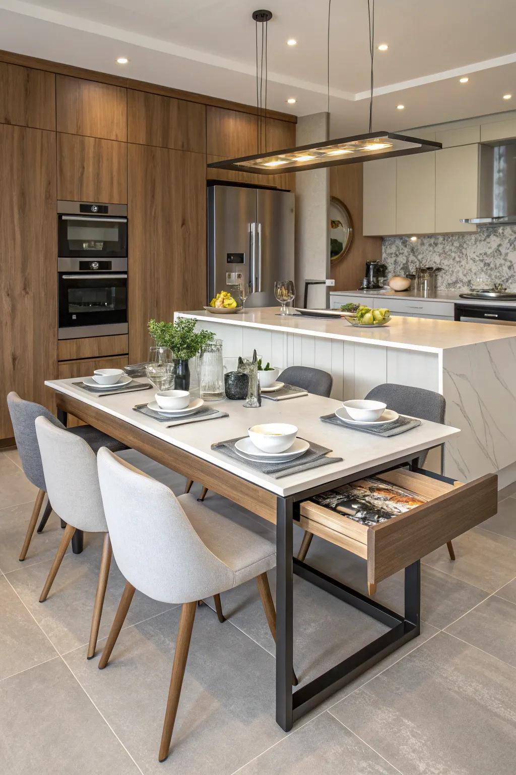 An island featuring a retractable surface for adaptable dining solutions.