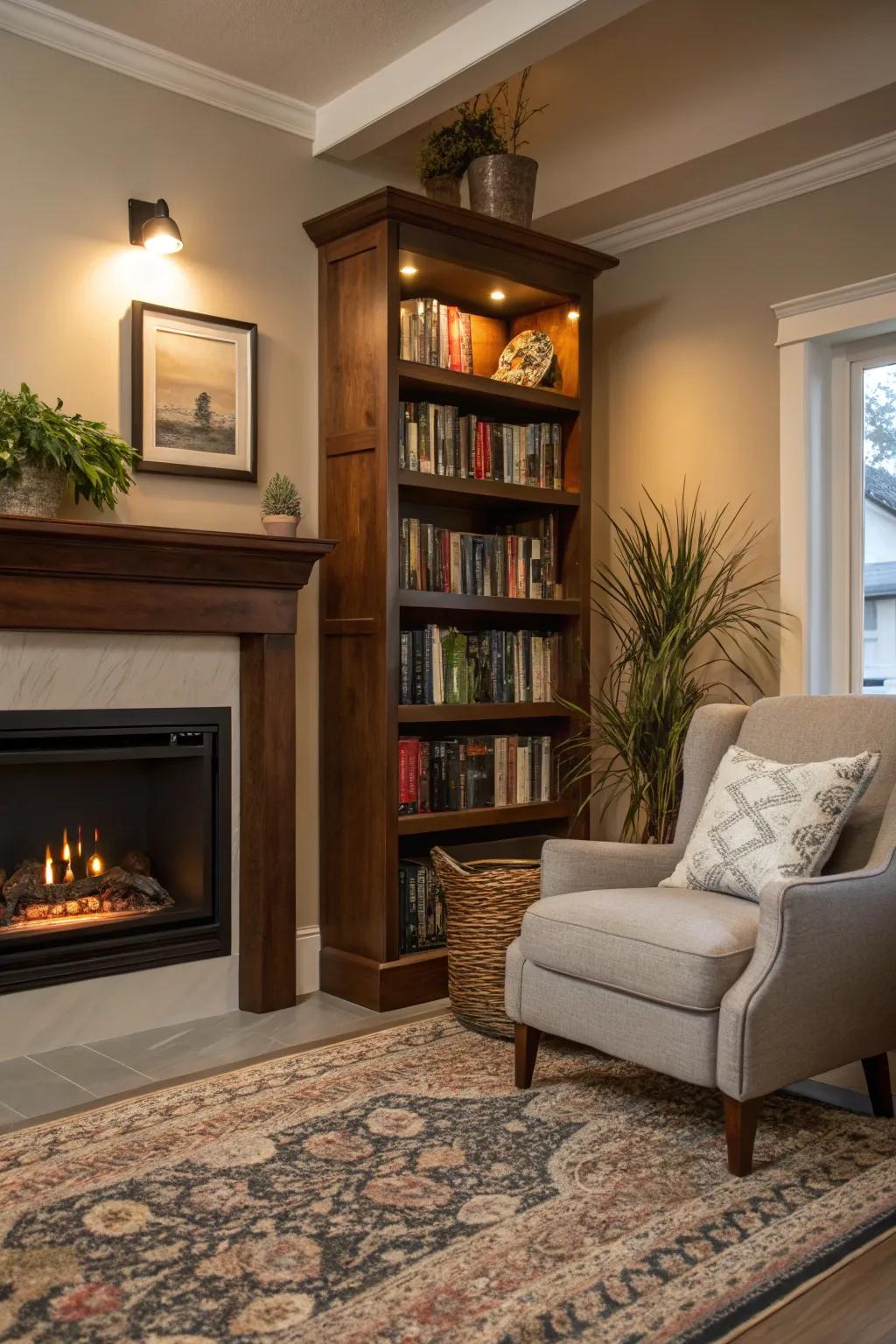 A cozy reading nook with a built-in bookshelf and electric fireplace
