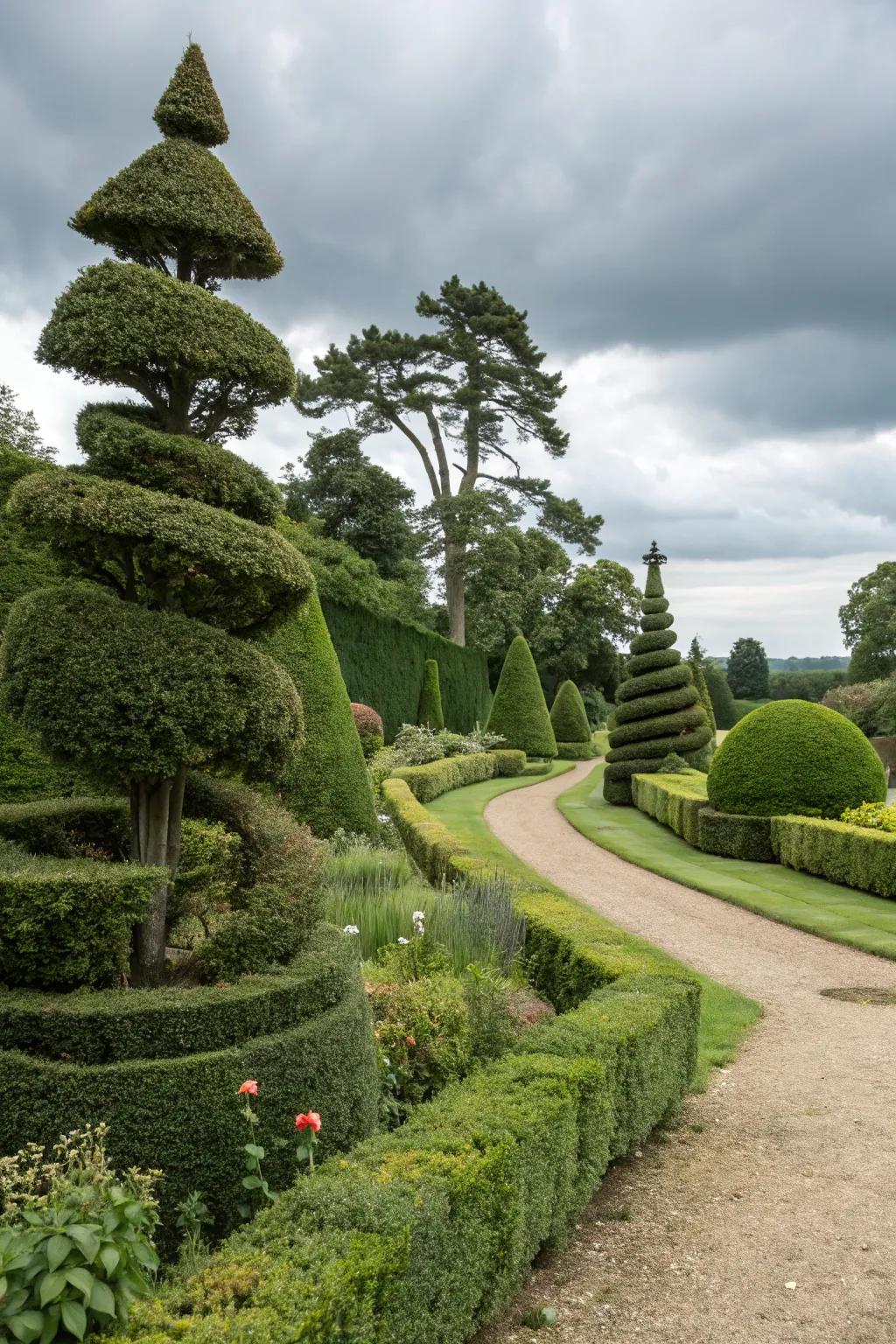 Gracefully sculpted hedges and topiary contributing structure.