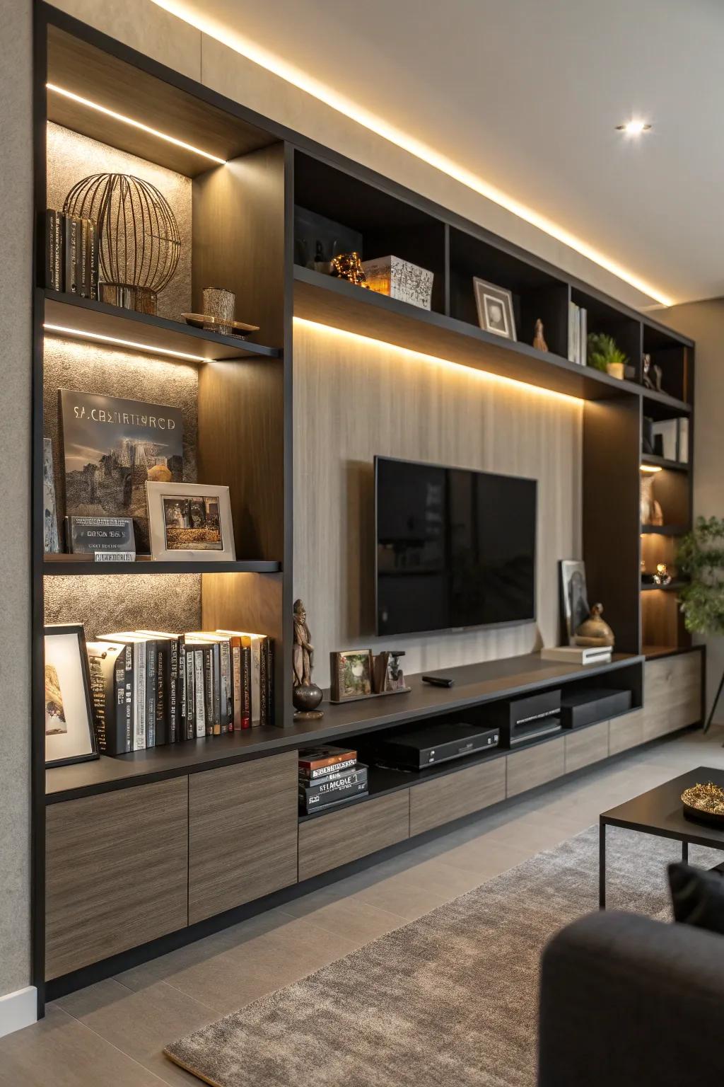 Integrated lighting that adds a warm glow to this media center.