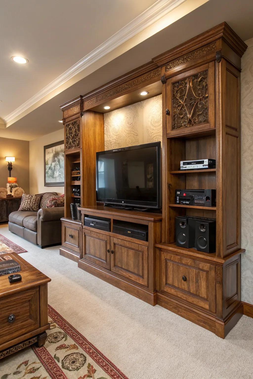 An entertainment center highlighting comforting wooden accents.