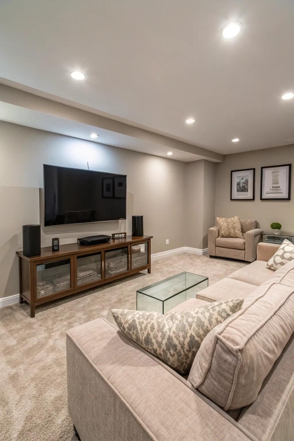 Embrace modern minimalism with a pristine and elegant entertainment area.